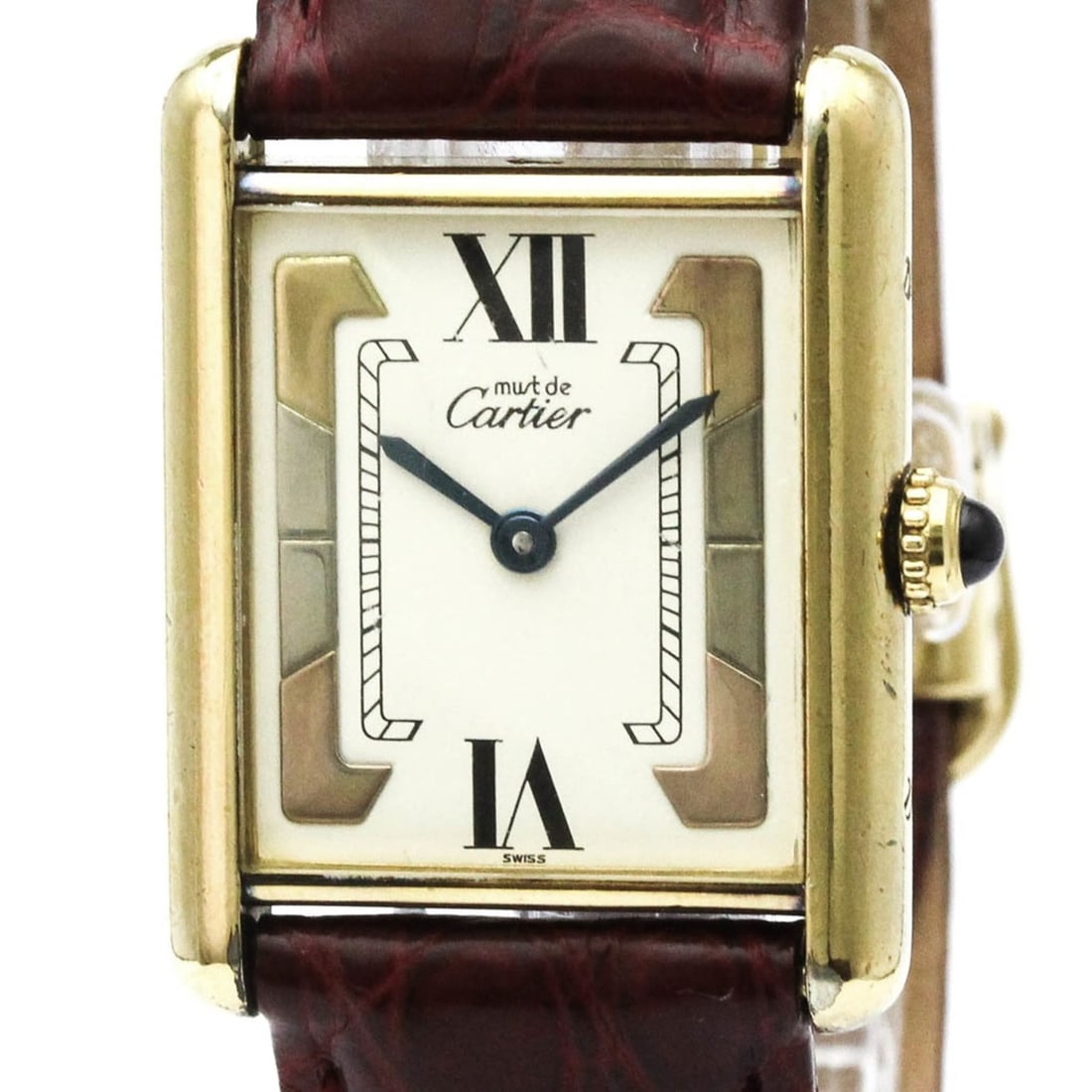 CARTIER Tank Vermeil Gold Plated Leater Quartz Mens Watch 590005: --- Catalog ---Category: SizeCase Diameter: 23mm / 0.91''Category: DesignType: WristwatchStyle: Dress/FormalGender: MenColor (Dial): WhiteMaterial (Band): LeatherMaterial (Case): Gold platedCategory: 