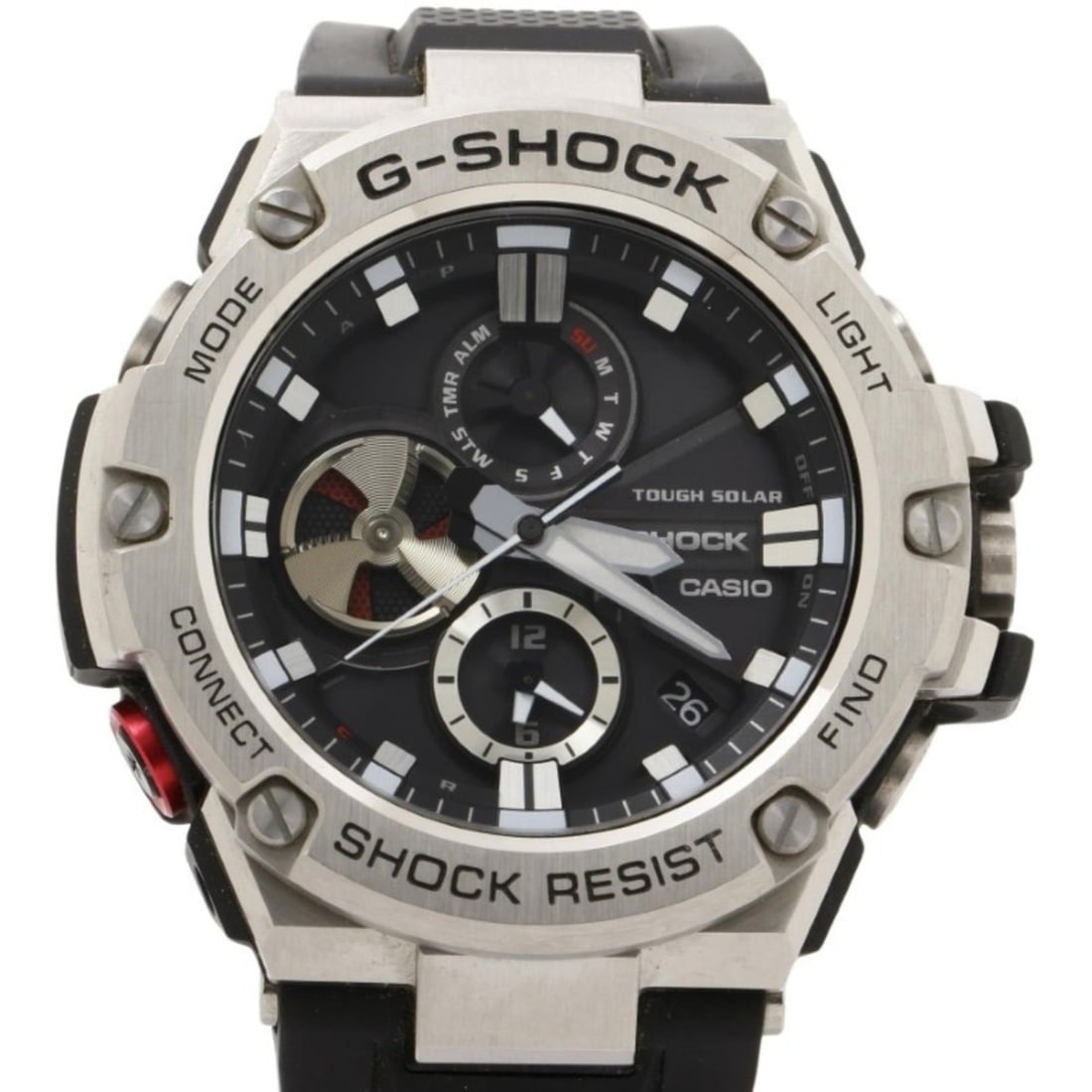CASIO G-SHOCK GSTEEL GSTB100 Series Black Silver Resin/Stainless Steel Men's Analog Watch: --- Catalog ---Category: SizeWrist Size: 21.5cm / 8.46''Case Diameter: 53.8mm / 2.12''Category: DesignType: WristwatchGender: MenColor (Dial): BlackMaterial (Case): Stainless steelCategory: GeneralMPN