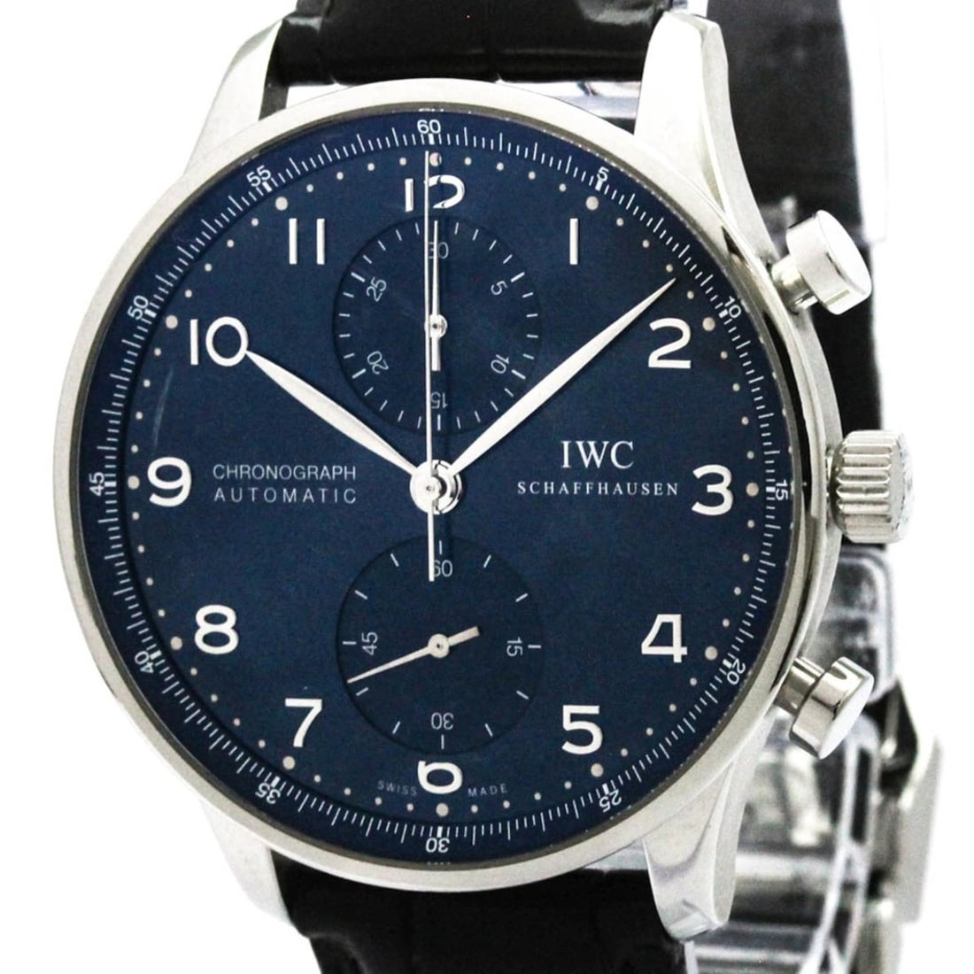 IWC Portuguese Chronograph Steel Automatic Watch IW371491 Polished: --- Catalog ---Category: SizeCase Diameter: 40mm / 1.57''Category: DesignType: WristwatchStyle: SportGender: MenColor (Dial): BlueMaterial (Band): LeatherMaterial (Case): Stainless steelCategory: Gene