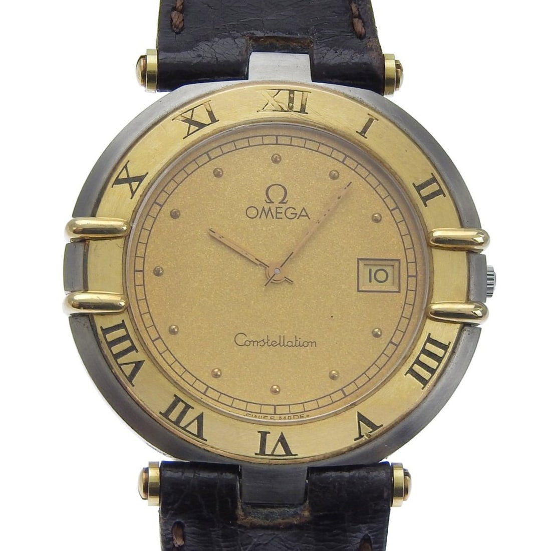 OMEGA Constellation Women's Watch, Stainless Steel and Leather, Quartz Movement, Analog Display,: --- Catalog ---Category: SizeWrist Size: 18cm / 7.08''Case Diameter: 33mm / 1.3''Category: DesignType: WristwatchGender: WomenColor (Dial): GoldMaterial (Band): Leather, Stainless steelMaterial (Case)