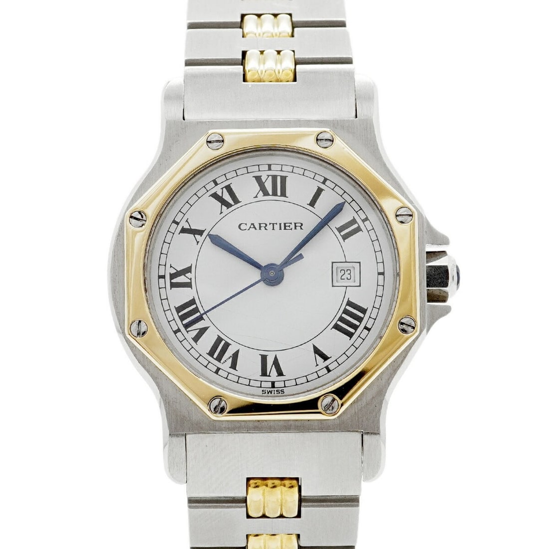 Cartier Santos Octagon LM Godron Bracelet White Dial Watch for Men and Women: --- Catalog ---Category: SizeWrist Size: 16.5cm / 6.49''Case Diameter: 29mm / 1.14''Category: DesignType: WristwatchGender: Men,WomenColor (Dial): WhiteMaterial (Band): Stainless steel, Yellow goldCat