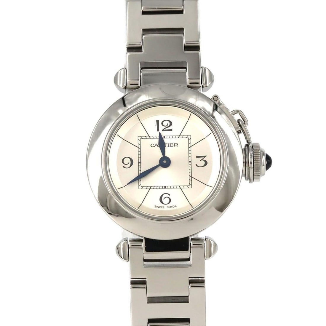 Cartier Miss Pasha W3140007 Stainless Steel Quartz Watch: --- Catalog ---Category: SizeWrist Size: 14.5cm / 5.7''Case Diameter: 27mm / 1.06''Category: DesignType: WristwatchGender: WomenColor (Dial): SilverMaterial (Band): Stainless steelMaterial (Case): Sta