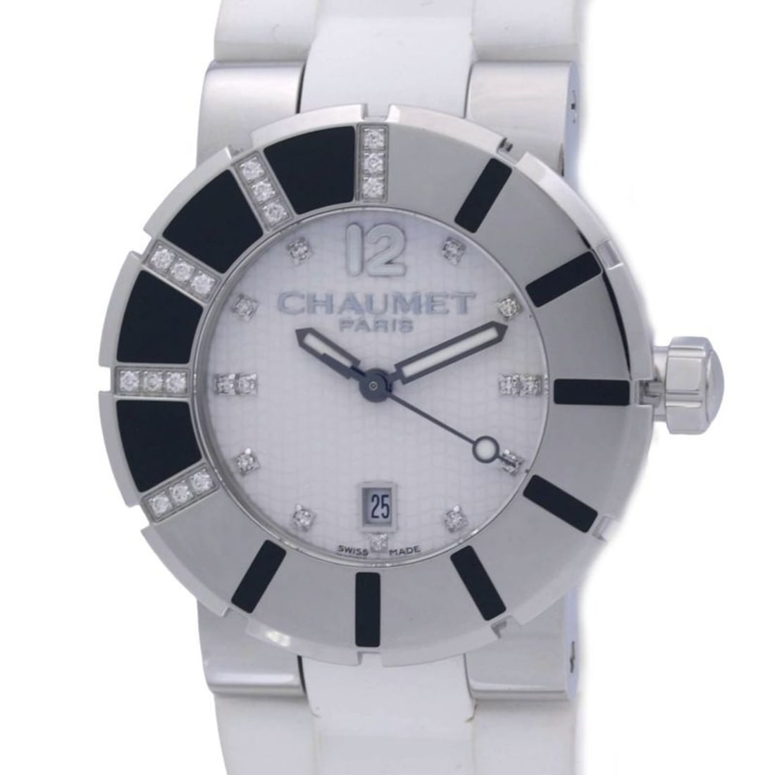 Chaumet Class One MM W17224-33E Boys' Watch with Diamond Bezel and Indices, Stainless Steel Rubber,: --- Catalog ---Category: SizeWrist Size: 17cm / 6.69''Case Diameter: 33mm / 1.3''Category: DesignType: WristwatchGender: BoysColor (Dial): WhiteMaterial (Band): Rubber, Stainless steelMaterial (Case):