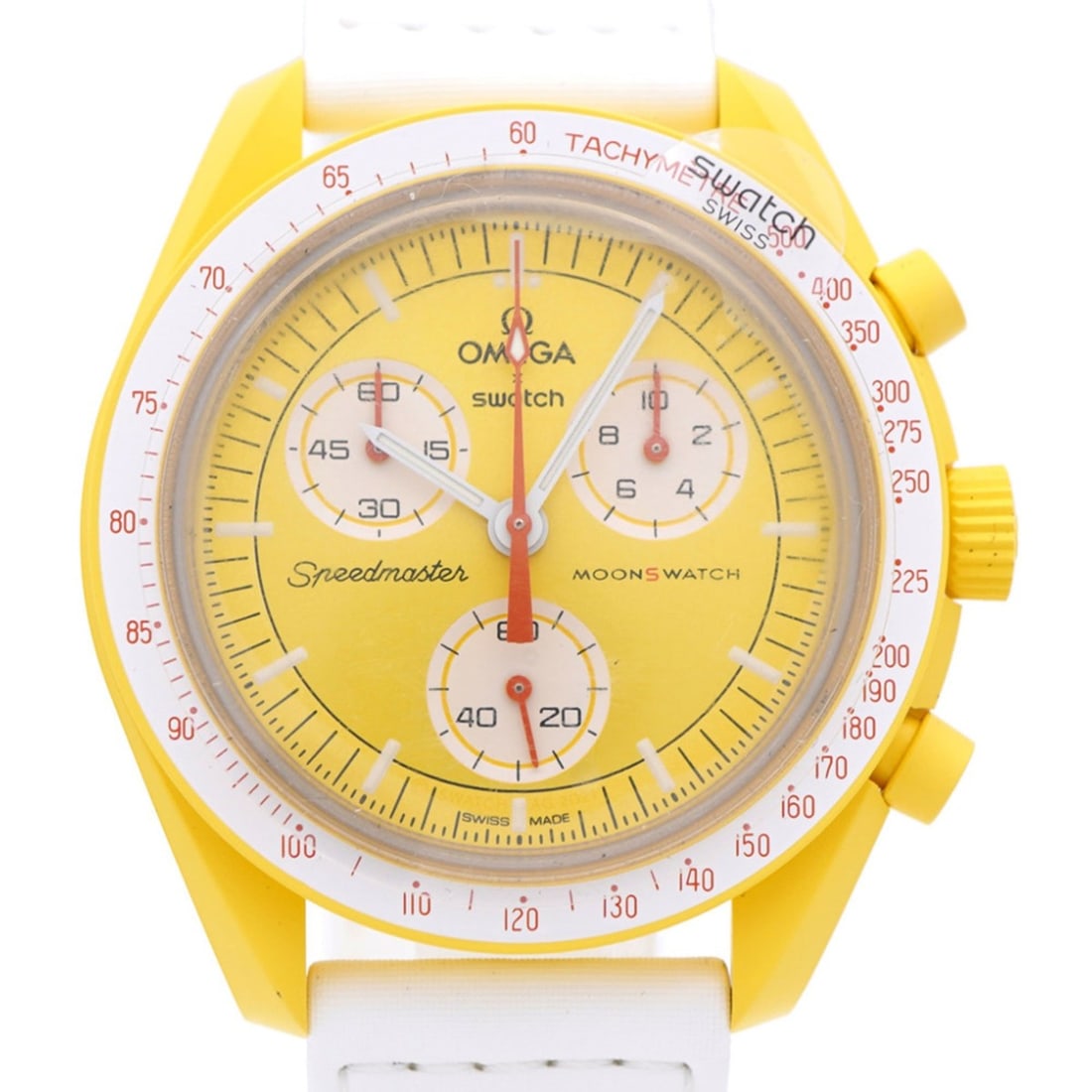 Like new Omega x Swatch Mission to the Sun Speedmaster SO33J100 Quartz Watch with Nylon and: --- Catalog ---Category: SizeCase Diameter: 42mm / 1.65''Category: DesignType: WristwatchGender: MenColor (Dial): White, YellowMaterial (Band): NylonMaterial (Case): CeramicCategory: GeneralMPN: SO33J