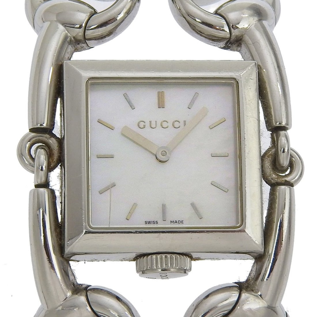 Gucci Signoria Watch, 116.3mm, Stainless Steel, Quartz Movement, Analog Display, White Shell Dial,: --- Catalog ---Category: SizeWrist Size: 16cm / 6.29''Case Diameter: 36mm / 1.42''Category: DesignType: WristwatchGender: WomenColor (Dial): White shellMaterial (Band): Stainless steelMaterial (Case):