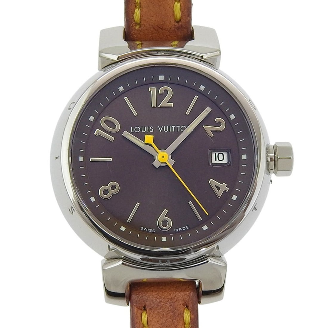 Louis Vuitton Tambour Watch Q1211, Stainless Steel and Leather Quartz Movement, Analog Display,: --- Catalog ---Category: SizeWrist Size: 14cm - 17cm / 5.51'' - 6.69''Case Diameter: 28mm / 1.1''Category: DesignType: WristwatchGender: WomenColor (Dial): BlackMaterial (Band): LeatherMaterial (Case)