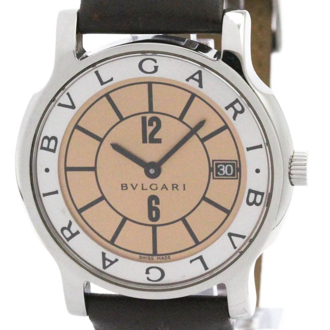 BVLGARI Solotempo Steel Leather Quartz Mens Watch ST35S Polished: --- Catalog ---Category: SizeCase Diameter: 35mm / 1.38''Category: DesignType: WristwatchStyle: Dress/FormalGender: MenColor (Dial): OrangeMaterial (Band): LeatherMaterial (Case): Stainless steelCateg