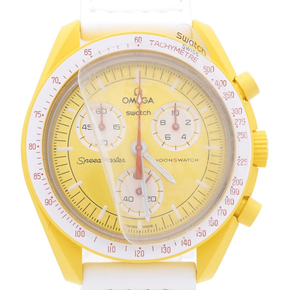 Like new Omega x Swatch Mission to the Sun Speedmaster SO33J100 Quartz Watch with Nylon and: --- Catalog ---Category: SizeCase Diameter: 42mm / 1.65''Category: DesignType: WristwatchGender: MenColor (Dial): White, YellowMaterial (Band): NylonMaterial (Case): CeramicCategory: GeneralMPN: SO33J