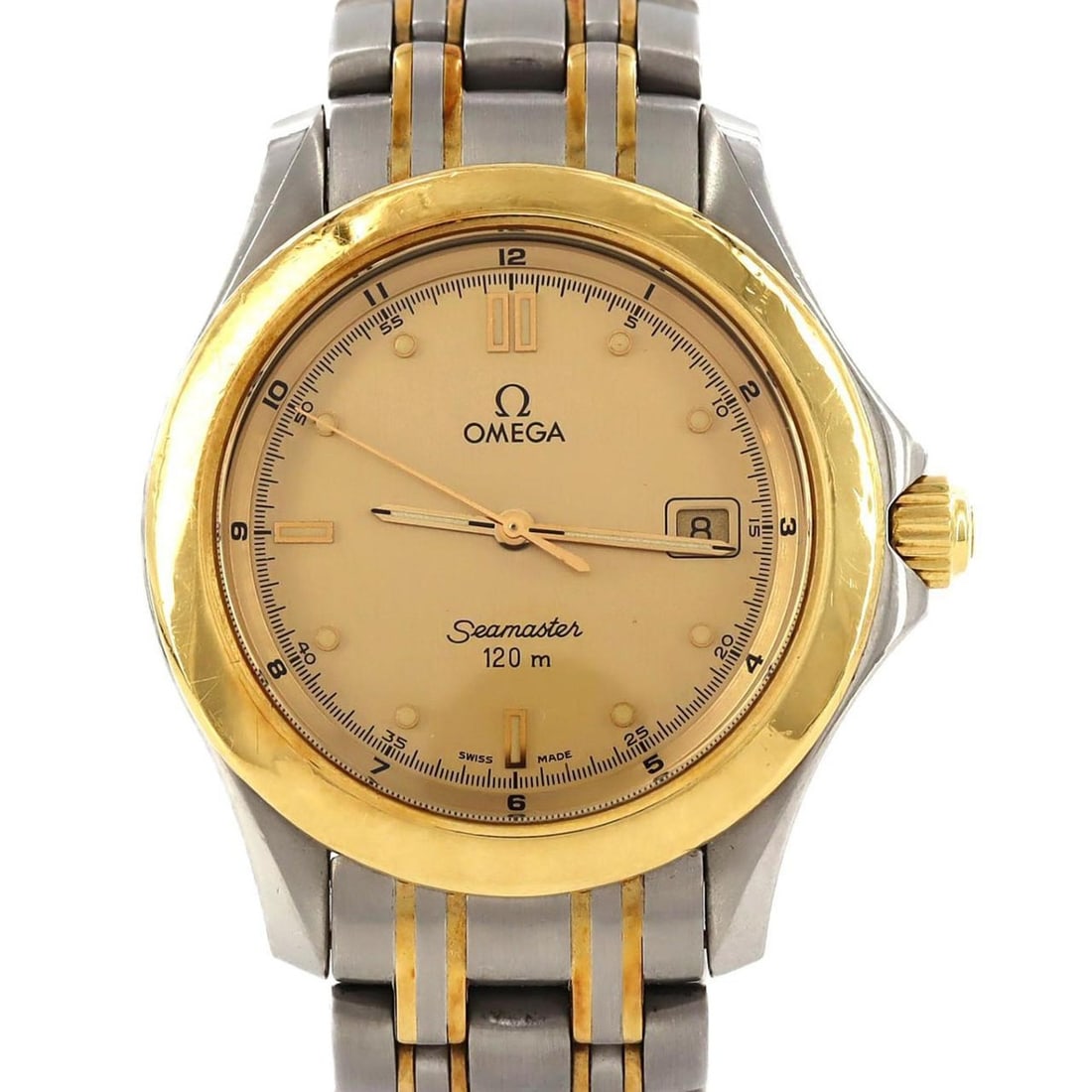 Omega Seamaster 120 SSxYG Quartz Watch: --- Catalog ---Category: SizeWrist Size: 20cm / 7.87''Case Diameter: 36mm / 1.42''Category: DesignType: WristwatchGender: MenColor (Dial): GoldMaterial (Band): Stainless steel, Yellow goldMaterial (Ca