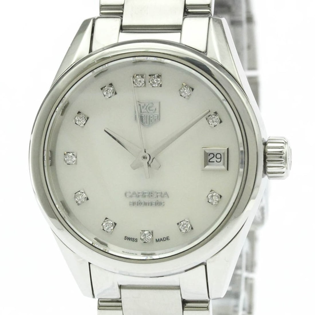 TAG HEUER Carrera Calibre 9 Diamond MOP Ladies Watch WAR2414: --- Catalog ---Category: SizeCase Diameter: 28mm / 1.1''Category: DesignType: WristwatchStyle: Dress/FormalGender: WomenColor (Dial): White shellMaterial (Band): Stainless steelMaterial (Case): Stainl