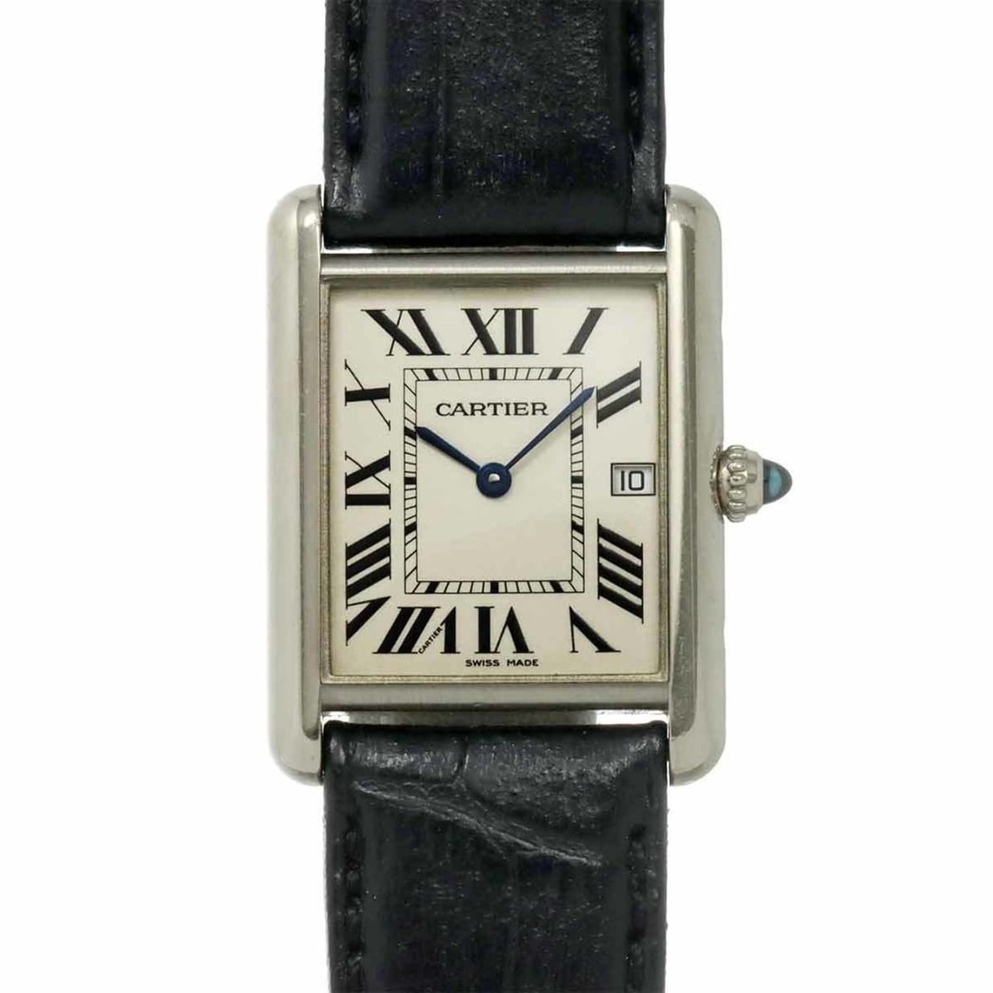 Cartier Tank Louis LM W1540956 Men's 18K White Gold Quartz Watch with Date Display: --- Catalog ---Category: SizeWrist Size: 14cm - 18cm / 5.51'' - 7.08''Case Diameter: 25.5mm / 1''Category: DesignType: WristwatchGender: MenColor (Dial): IvoryMaterial (Band): LeatherMaterial (Case): 
