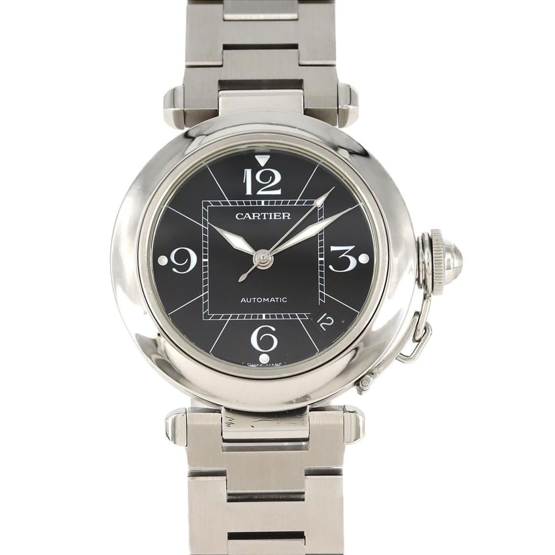 Cartier Pasha C W31076M7 Stainless Steel Automatic: --- Catalog ---Category: SizeWrist Size: 19cm / 7.48''Case Diameter: 35mm / 1.38''Category: DesignType: WristwatchGender: MenColor (Dial): BlackMaterial (Band): Stainless steelMaterial (Case):
