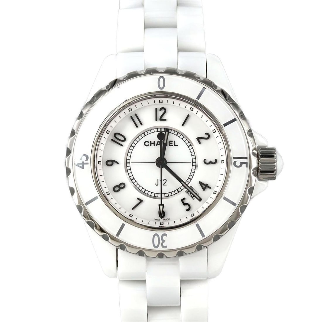 Chanel J12 33mm Ceramic Watch H0968 Quartz Movement: --- Catalog ---Category: SizeWrist Size: 16.5cm / 6.49''Case Diameter: 33mm / 1.3''Category: DesignType: WristwatchGender: WomenColor (Dial): WhiteMaterial (Band): CeramicMaterial (Case):