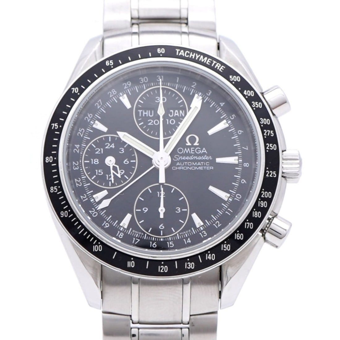 Excellent condition Omega Speedmaster Triple Calendar Day Date 3220.50 Automatic Watch with: --- Catalog ---Category: SizeWrist Size: 18cm / 7.08''Case Diameter: 40mm / 1.57''Category: DesignType: WristwatchGender: MenColor (Dial): BlackMaterial (Band): Stainless steelMaterial (Case):