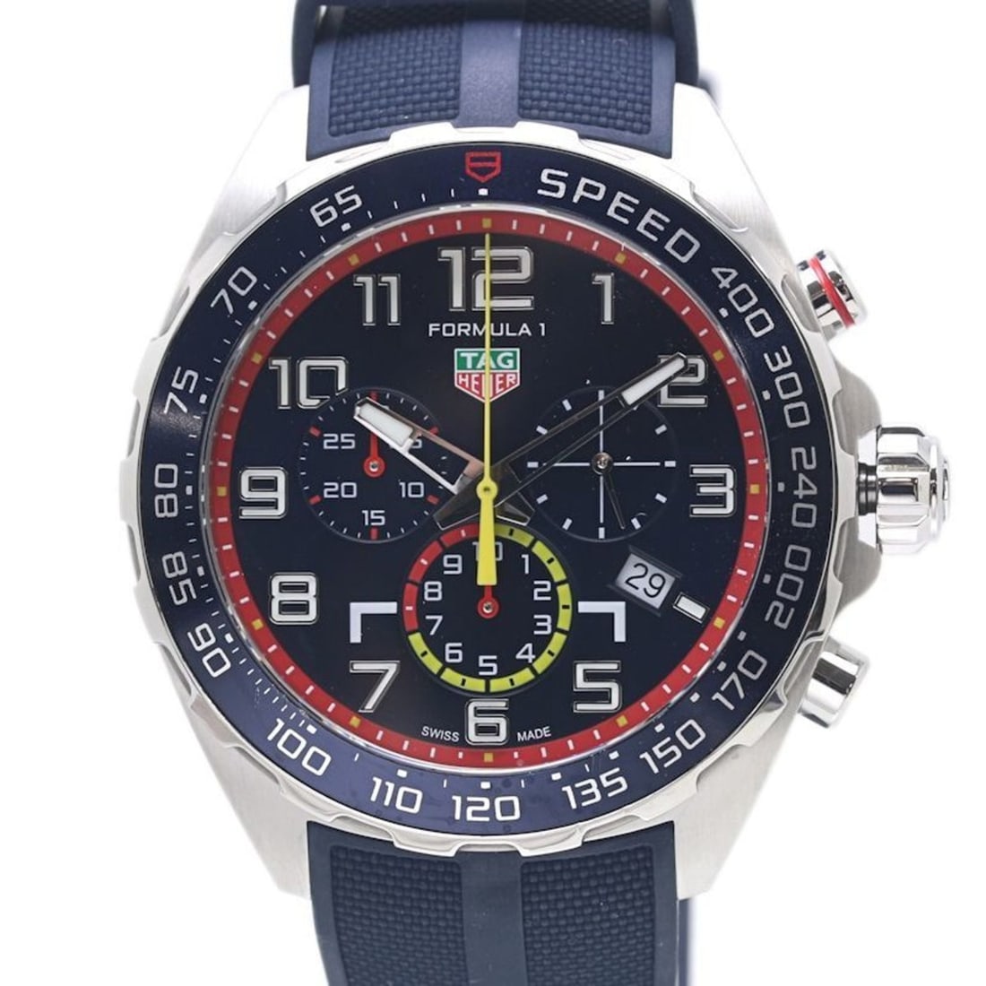 TAG HEUER Formula 1 Chronograph Red Bull Racing CAZ101AL.FT8052 Men's Watch with Stainless Steel: --- Catalog ---Category: SizeWrist Size: 21.5cm / 8.46''Case Diameter: 43mm / 1.69''Category: DesignType: WristwatchGender: MenColor (Dial): BlueMaterial (Band): Rubber, Stainless steelMaterial