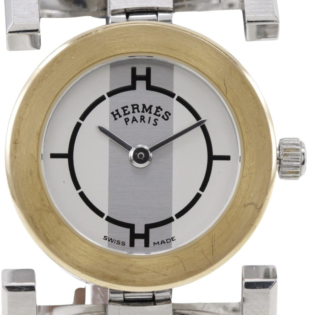 Hermes HERMES Paprika Watch PA1.220 Stainless Steel x Leather 2002 ?F Quartz Analog Display White: --- Catalog ---Category: SizeWrist Size: 13.5cm - 16cm / 5.31'' - 6.29''Case Diameter: 21mm / 0.83''Category: DesignType: WristwatchGender: WomenColor (Dial): WhiteMaterial (Band): Leather, Stainless 
