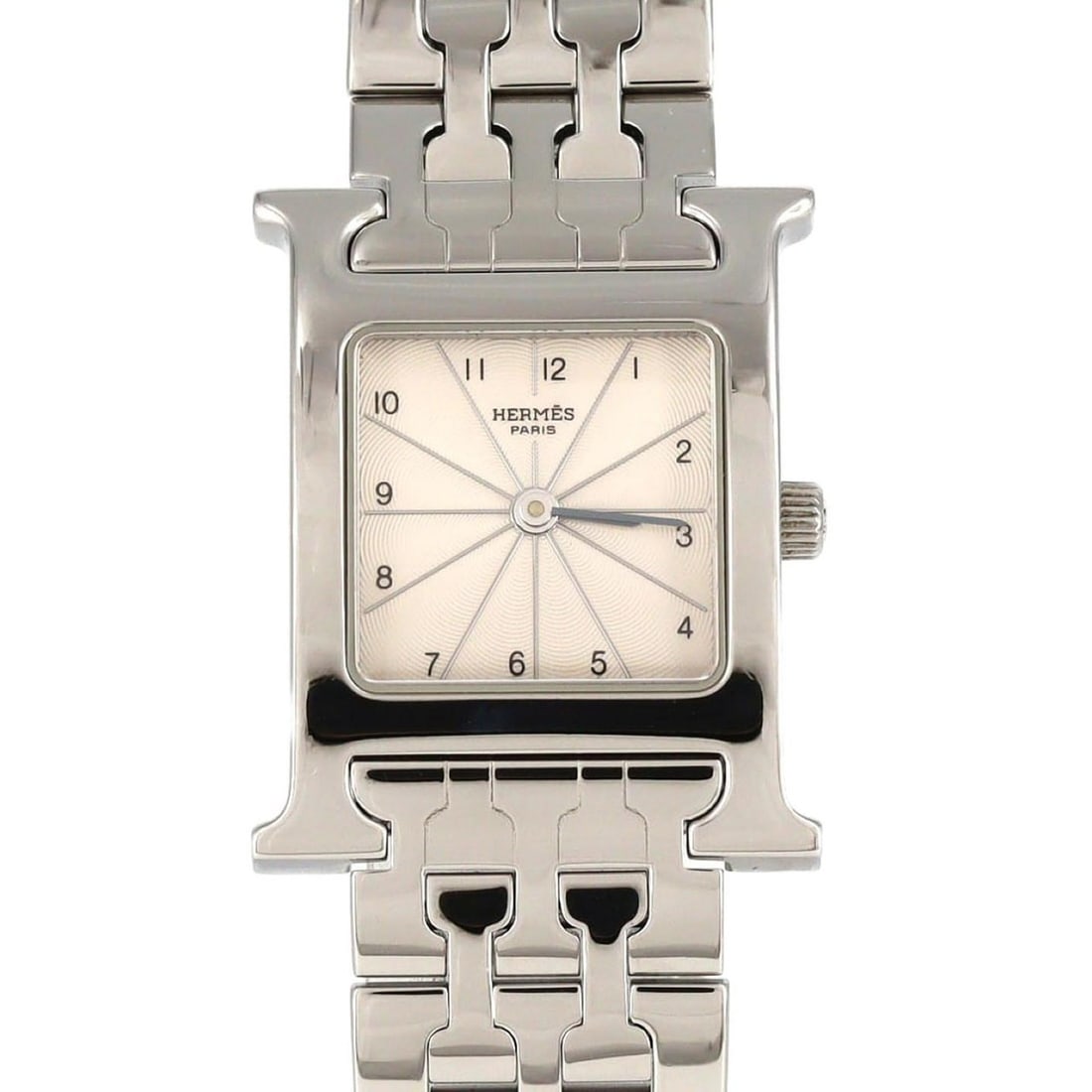 Hermès H Watch HH1.210 SS Quartz Wristwatch: --- Catalog ---Category: SizeWrist Size: 15cm / 5.9''Case Diameter: 21mm / 0.83''Category: DesignType: WristwatchGender: WomenColor (Dial): SilverMaterial (Band): Stainless steelMaterial (Case):
