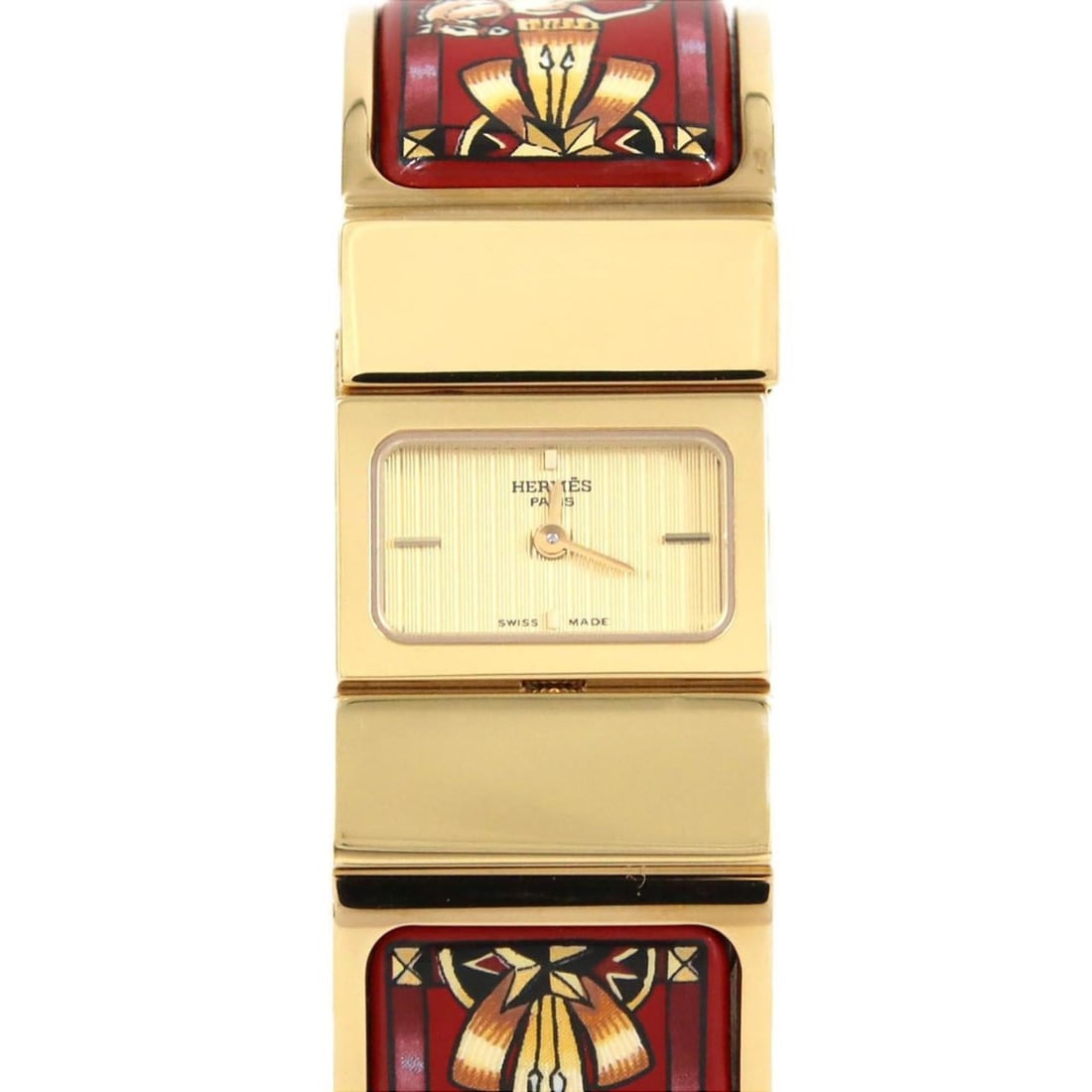 Hermès Roquet Enamel GP LO1.201 Quartz Watch: --- Catalog ---Category: SizeWrist Size: 15cm / 5.9''Case Diameter: 19mm / 0.75''Category: DesignType: WristwatchGender: WomenColor (Dial): GoldCategory: GeneralMPN: LO1.201Brand: HermesCategory: