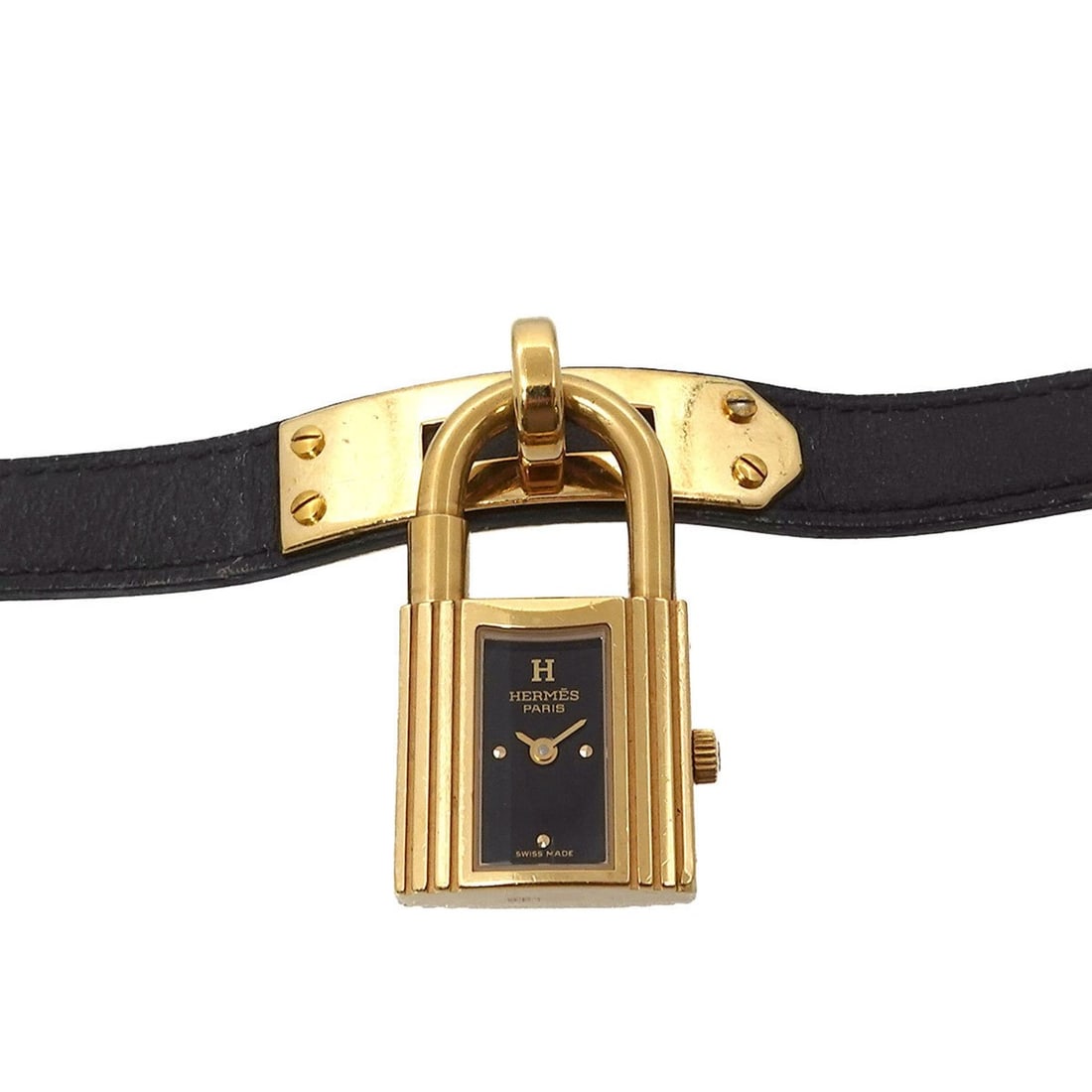 Hermès Kelly Watch Women's Black Quartz with Cadena: --- Catalog ---Category: SizeWrist Size: 13.5cm - 16cm / 5.31'' - 6.29''Category: DesignType: WristwatchGender: WomenColor (Dial): GoldMaterial (Band): Leather, Stainless steelMaterial (Case):