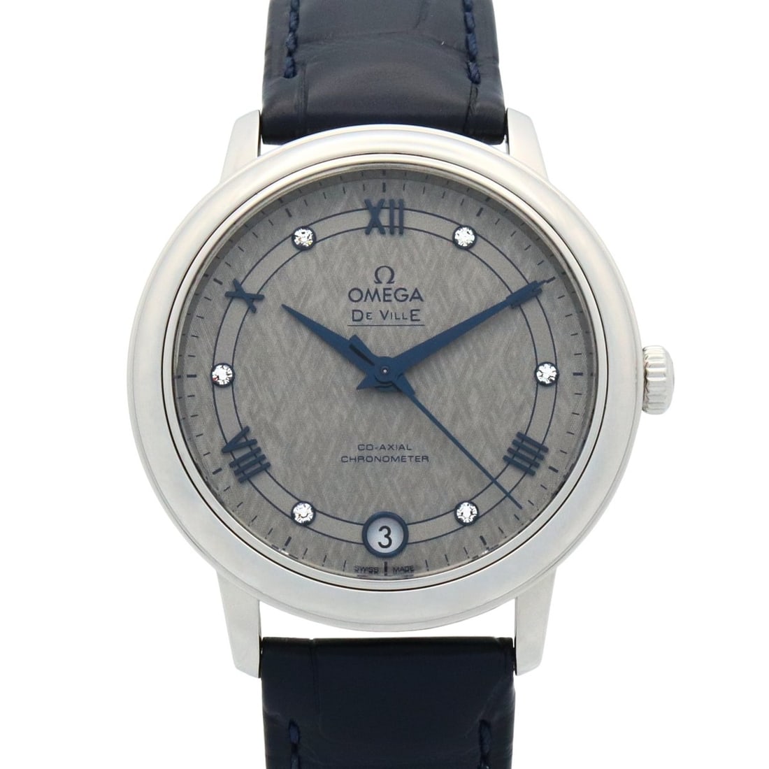 OMEGA De Ville Prestige Watch, Diamond-Set Stainless Steel with Leather Strap, Gray, Women's,: --- Catalog ---Category: SizeWrist Size: 16.5cm / 6.49''Case Diameter: 32.5mm / 1.28''Category: DesignType: WristwatchGender: WomenGemstone: DiamondColor (Dial): GrayMaterial (Band): LeatherMaterial
