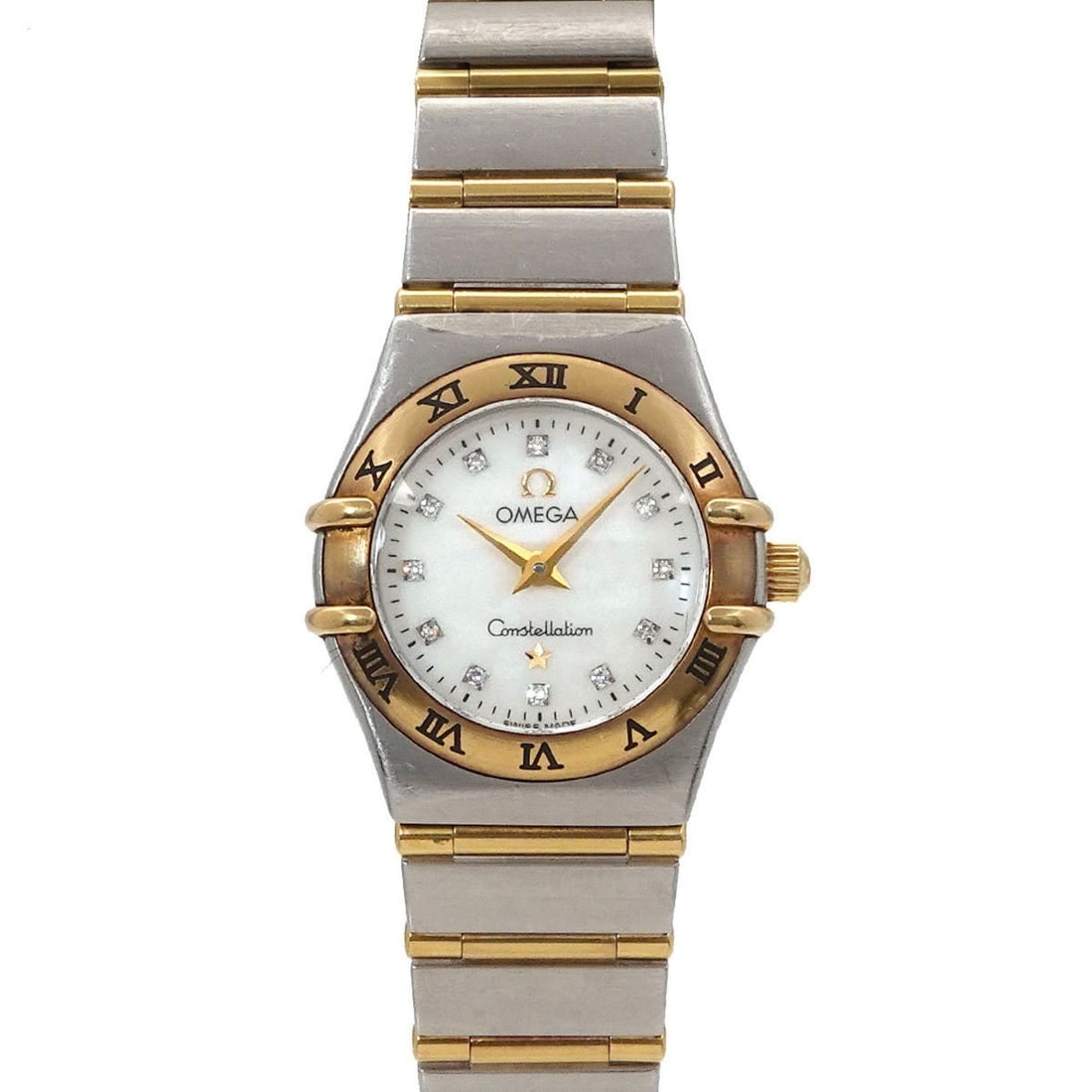 OMEGA Constellation Mini Two-Tone 1262 75 Women's Watch with 12 Diamonds, White Shell, and Yellow: --- Catalog ---Category: SizeWrist Size: 17cm / 6.69''Case Diameter: 28mm / 1.1''Category: DesignType: WristwatchGender: WomenColor (Dial): White shellMaterial (Band): Stainless steel, Yellow