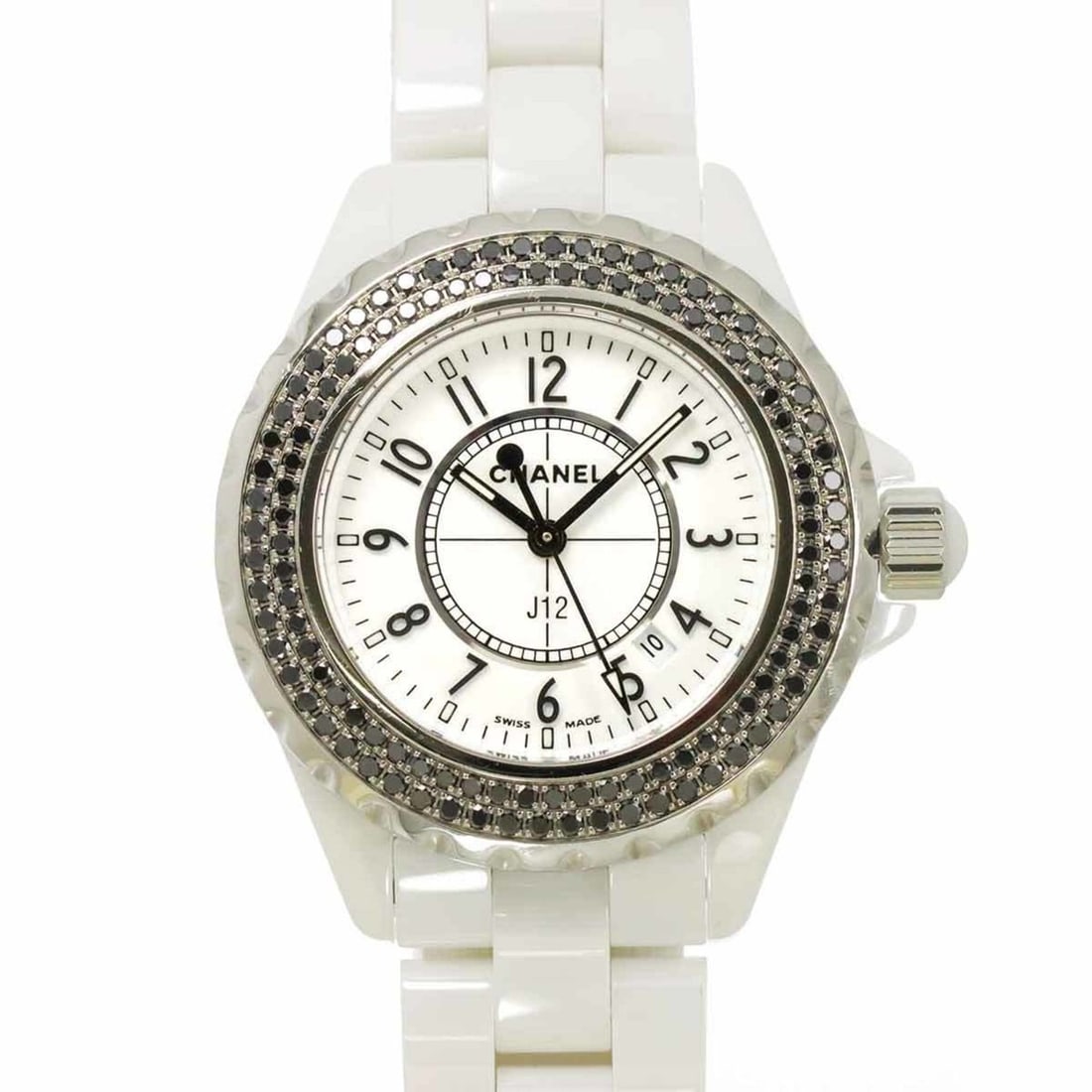 CHANEL J12 33mm H1630 Women's Watch with Black Diamond Bezel, Date Display, White Ceramic Quartz: --- Catalog ---Category: SizeWrist Size: 16cm / 6.29''Case Diameter: 40mm / 1.57''Category: DesignType: WristwatchGender: WomenColor (Dial): WhiteMaterial (Band): Ceramic, Stainless steelMaterial (Cas