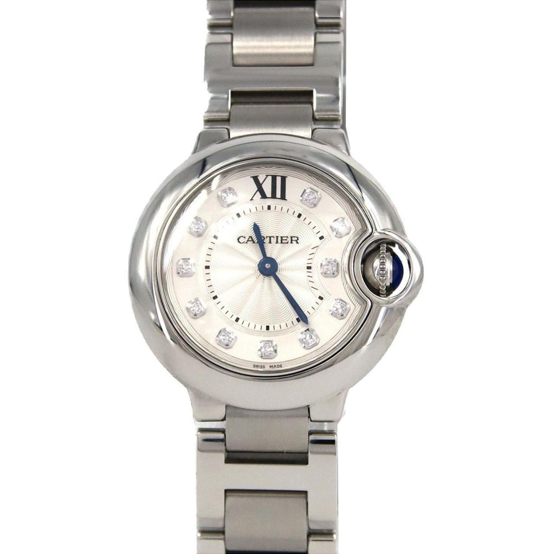 Cartier Ballon Bleu Small 11-Piece Watch WE902073 Stainless Steel Quartz Movement: --- Catalog ---Category: SizeWrist Size: 17cm / 6.69''Case Diameter: 28mm / 1.1''Category: DesignType: WristwatchGender: WomenDisplay: AnalogGemstone: DiamondColor (Dial): SilverMaterial (Band): Stain