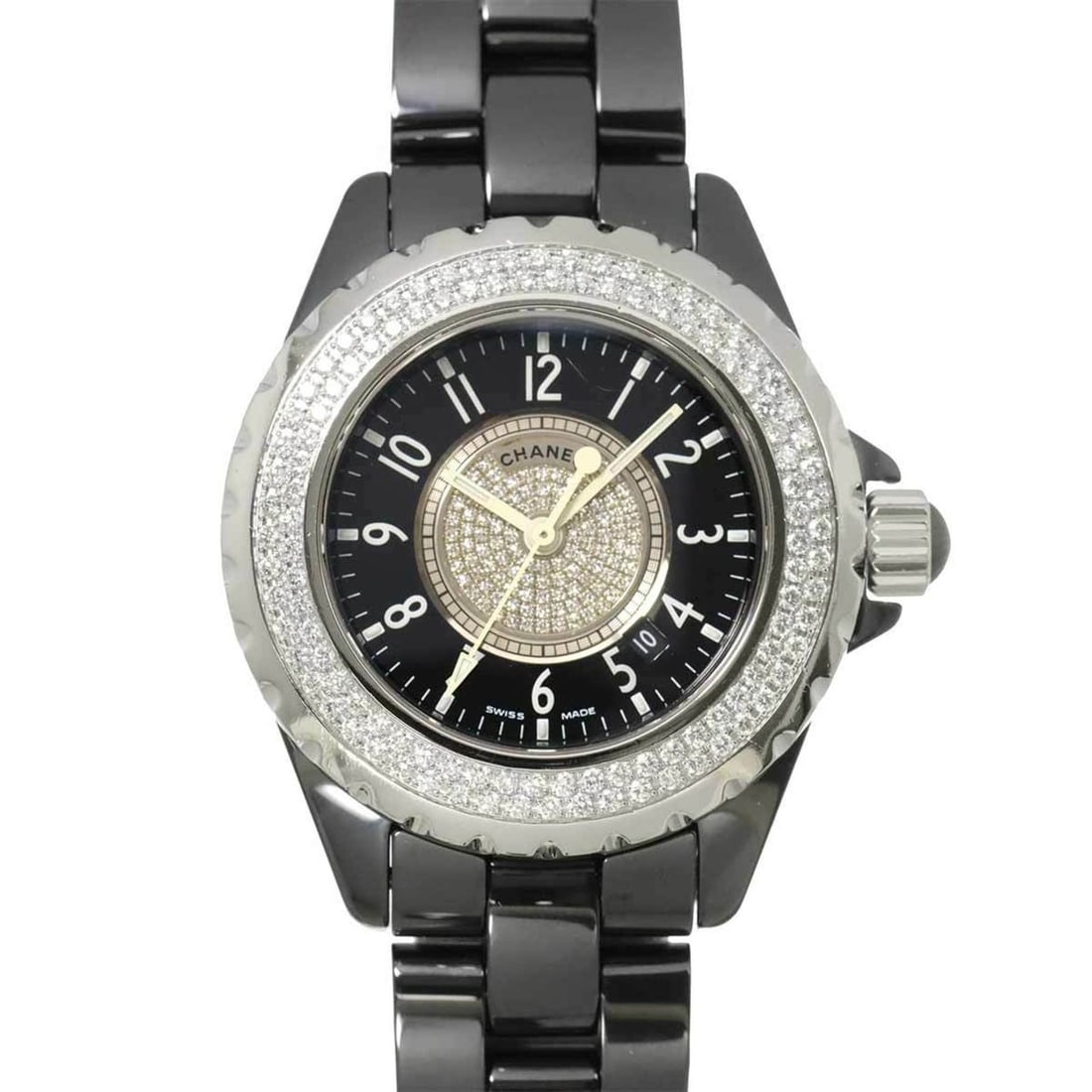 CHANEL J12 33mm H1708 Diamond Bezel Women's Watch, Black Ceramic, Diamond, Date, Quartz Movement: --- Catalog ---Category: SizeWrist Size: 16.5cm / 6.49''Case Diameter: 34mm / 1.34''Category: DesignType: WristwatchGender: WomenColor (Dial): BlackMaterial (Band): Ceramic, Stainless steelMaterial (C
