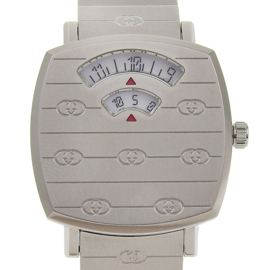 Gucci Grip Watch, Interlocking G, 157.5mm, Stainless Steel, Quartz Movement, Analog Display, White: --- Catalog ---Category: SizeWeight: 53.9g / 1.9oz.Band Width: 14mm / 0.55''Wrist Size: 16.5cm / 6.49''Case Diameter: 27mm / 1.06''Case Thickness: 6mm / 0.24''Category: DesignType: WristwatchGender: W