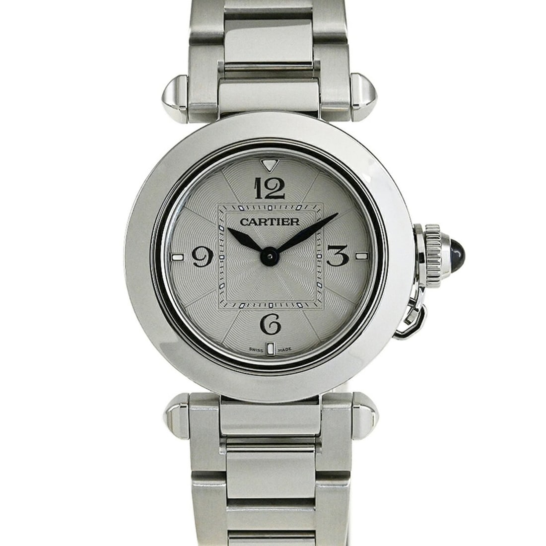 CARTIER Pasha de Cartier Watch 30MM WSPA0021: --- Catalog ---Category: SizeWrist Size: 15.5cm / 6.1''Case Diameter: 30mm / 1.18''Category: DesignType: WristwatchGender: MenDisplay: AnalogColor (Dial): SilverCrystal Type: SapphireMaterial (Band): 