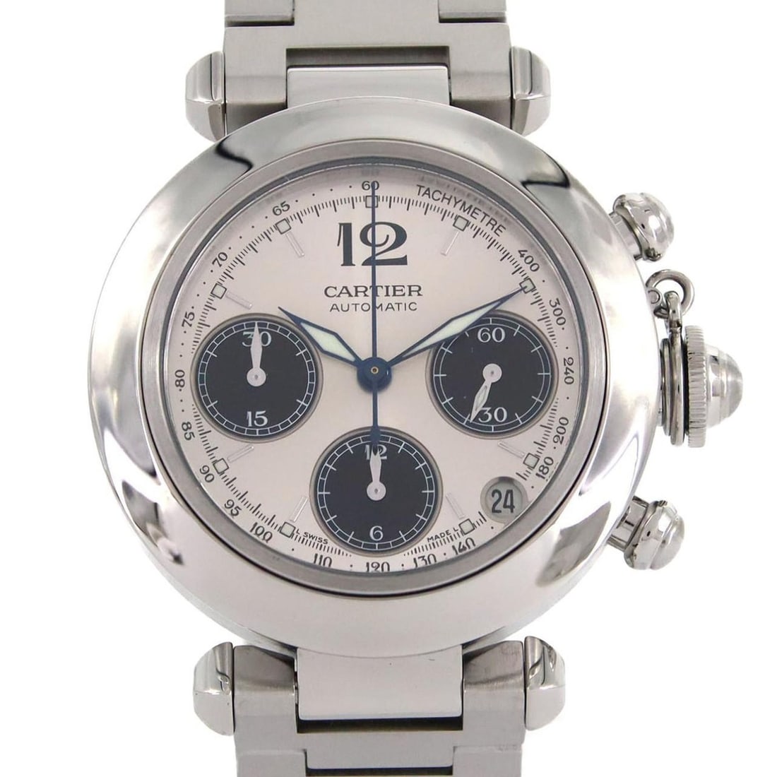 Cartier Pasha C Chronograph W31048M7 Stainless Steel Automatic Watch: --- Catalog ---Category: SizeWrist Size: 17cm / 6.69''Case Diameter: 36mm / 1.42''Category: DesignType: WristwatchGender: Men,WomenColor (Dial): Black, SilverMaterial (Band): Stainless steelMaterial (