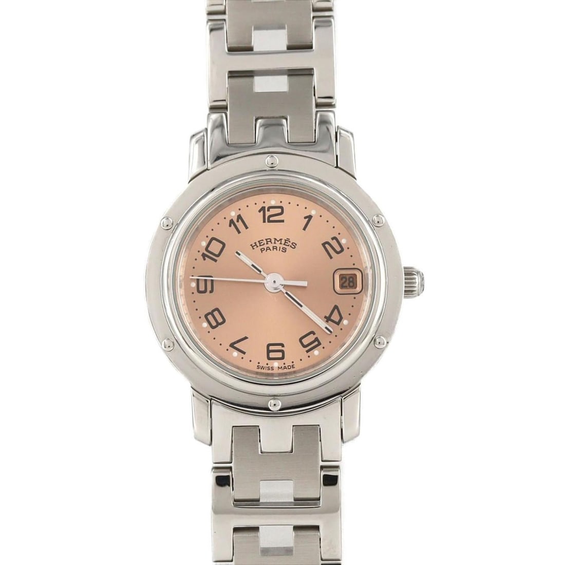 Hermès Clipper CL4.210 Stainless Steel Quartz Watch: --- Catalog ---Category: SizeWrist Size: 14.5cm / 5.7''Case Diameter: 24mm / 0.94''Category: DesignType: WristwatchGender: WomenColor (Dial): PinkMaterial (Band): Stainless steelMaterial (Case): Stain