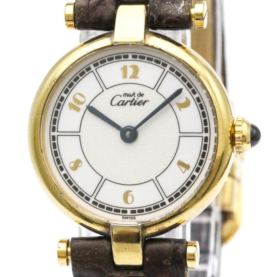 CARTIER Must Vendome Vermeil Gold Plated Quartz Ladies Watch W1009854: --- Catalog ---Category: SizeCase Diameter: 24mm / 0.94''Category: DesignType: WristwatchStyle: Dress/FormalGender: WomenColor (Dial): WhiteMaterial (Band): LeatherMaterial (Case): Gold platedCategory