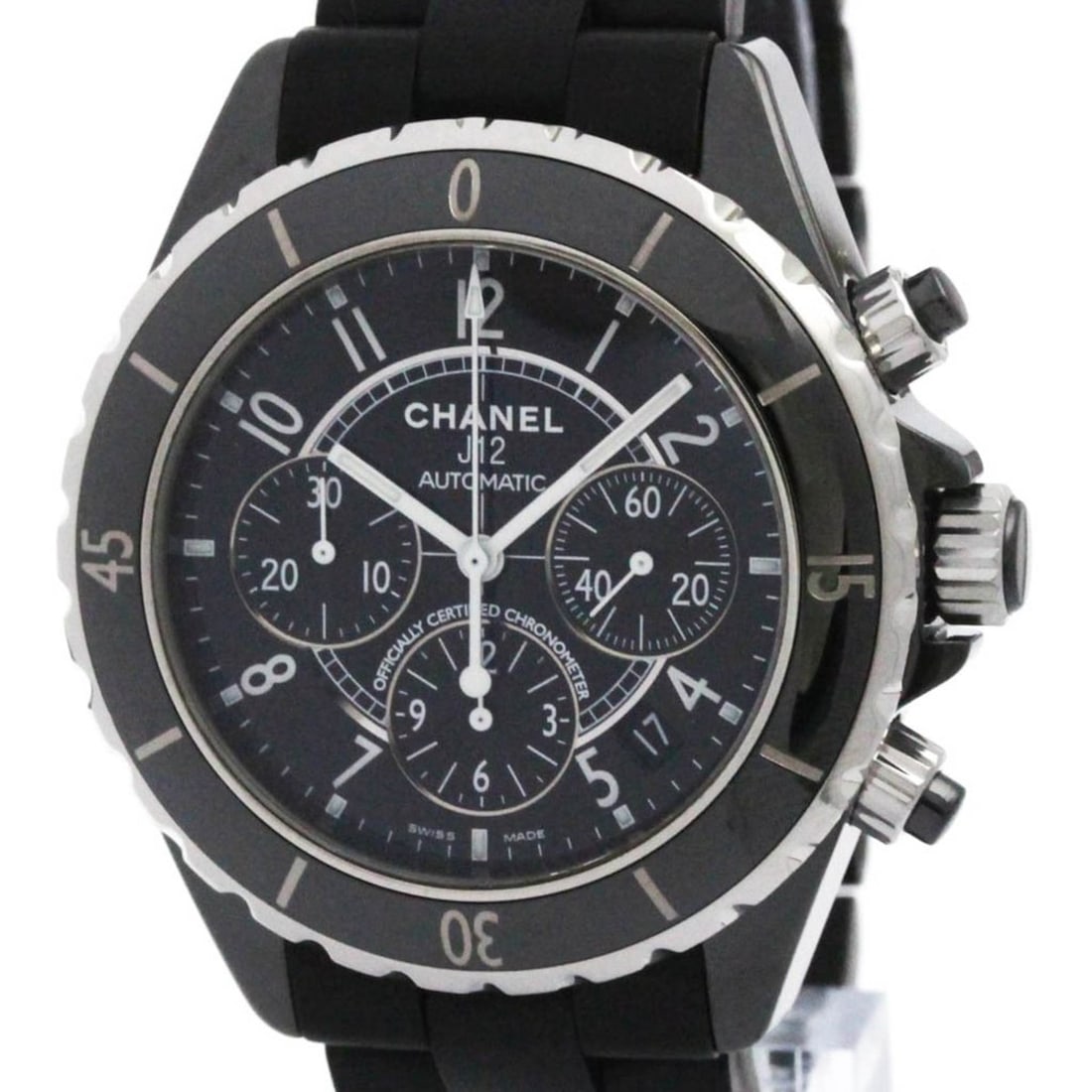 CHANEL J12 Chronograph Ceramic Rubber Automatic Watch H0939 Polished: --- Catalog ---Category: SizeCase Diameter: 42mm / 1.65''Category: DesignType: WristwatchStyle: SportGender: MenColor (Dial): BlackMaterial (Band): RubberMaterial (Case): CeramicCategory: GeneralLine: