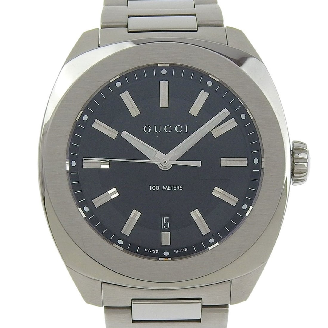 Gucci Date 100m YA142201 142 2 Black Dial Stainless Steel Quartz Watch with Battery, 43mm Men's: --- Catalog ---Category: SizeBand Width: 22mm / 0.87''Wrist Size: 19cm / 7.48''Case Diameter: 43mm / 1.69''Category: DesignType: WristwatchColor: SilverGender: MenColor (Band): SilverColor (Dial): Bla
