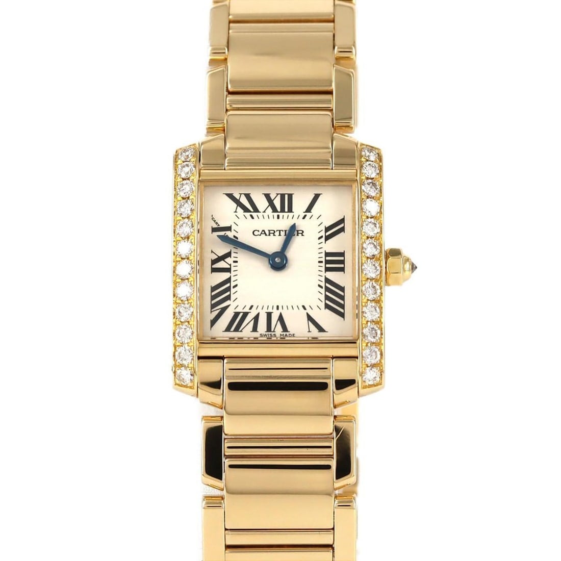 Cartier Tank Française SM YG D WE1001R8 Quartz Watch: --- Catalog ---Category: SizeWrist Size: 17cm / 6.69''Case Diameter: 20mm / 0.79''Category: DesignType: WristwatchGender: WomenColor (Dial): SilverMaterial (Band): Yellow goldMaterial (Case): Yellow g