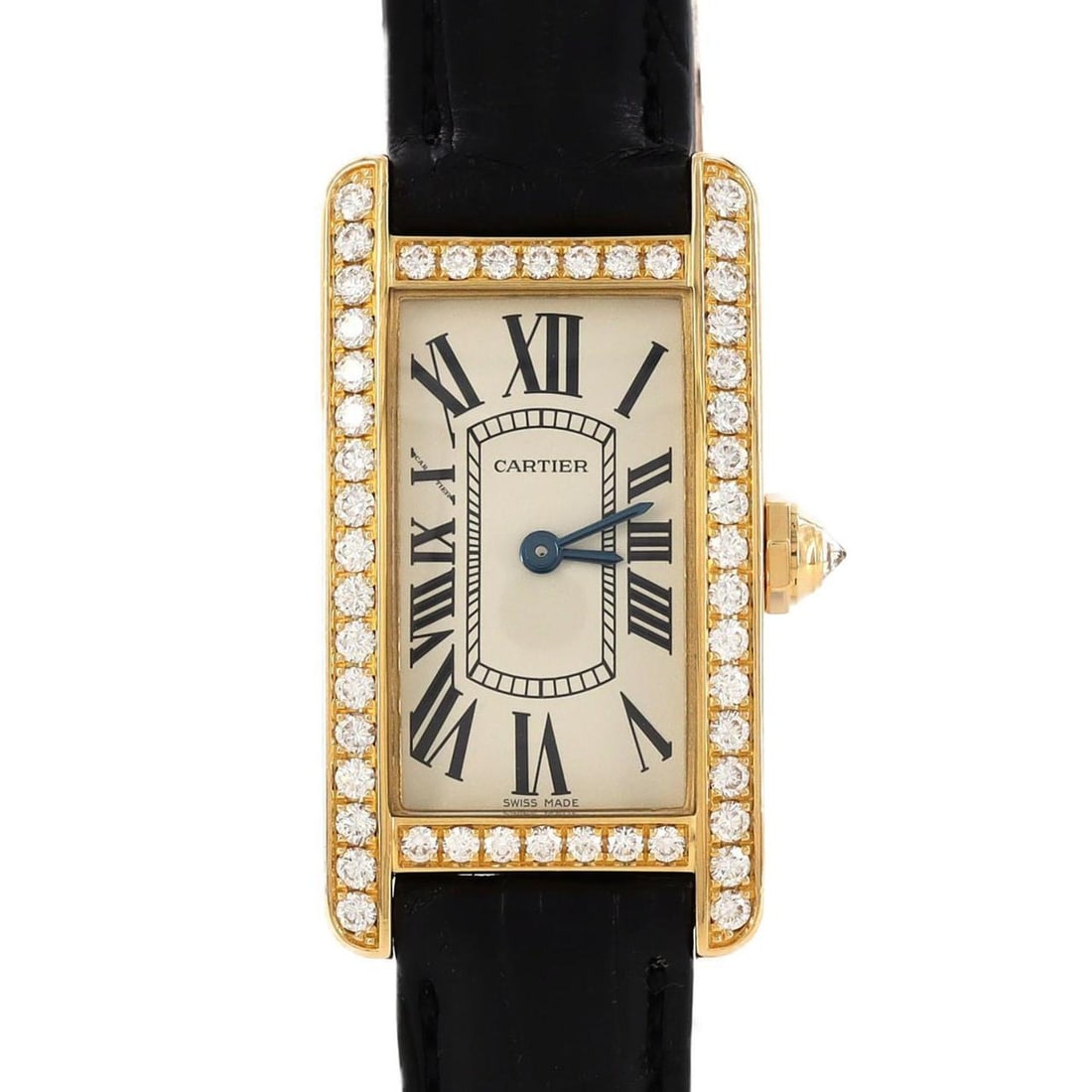 Cartier Tank Américaine SM Yellow Gold Cross D WB707231 Quartz Watch: --- Catalog ---Category: SizeCase Diameter: 19mm / 0.75''Category: DesignType: WristwatchGender: WomenColor (Band): BlackColor (Dial): SilverMaterial (Case): Yellow goldCategory: GeneralLine: Tank Ame