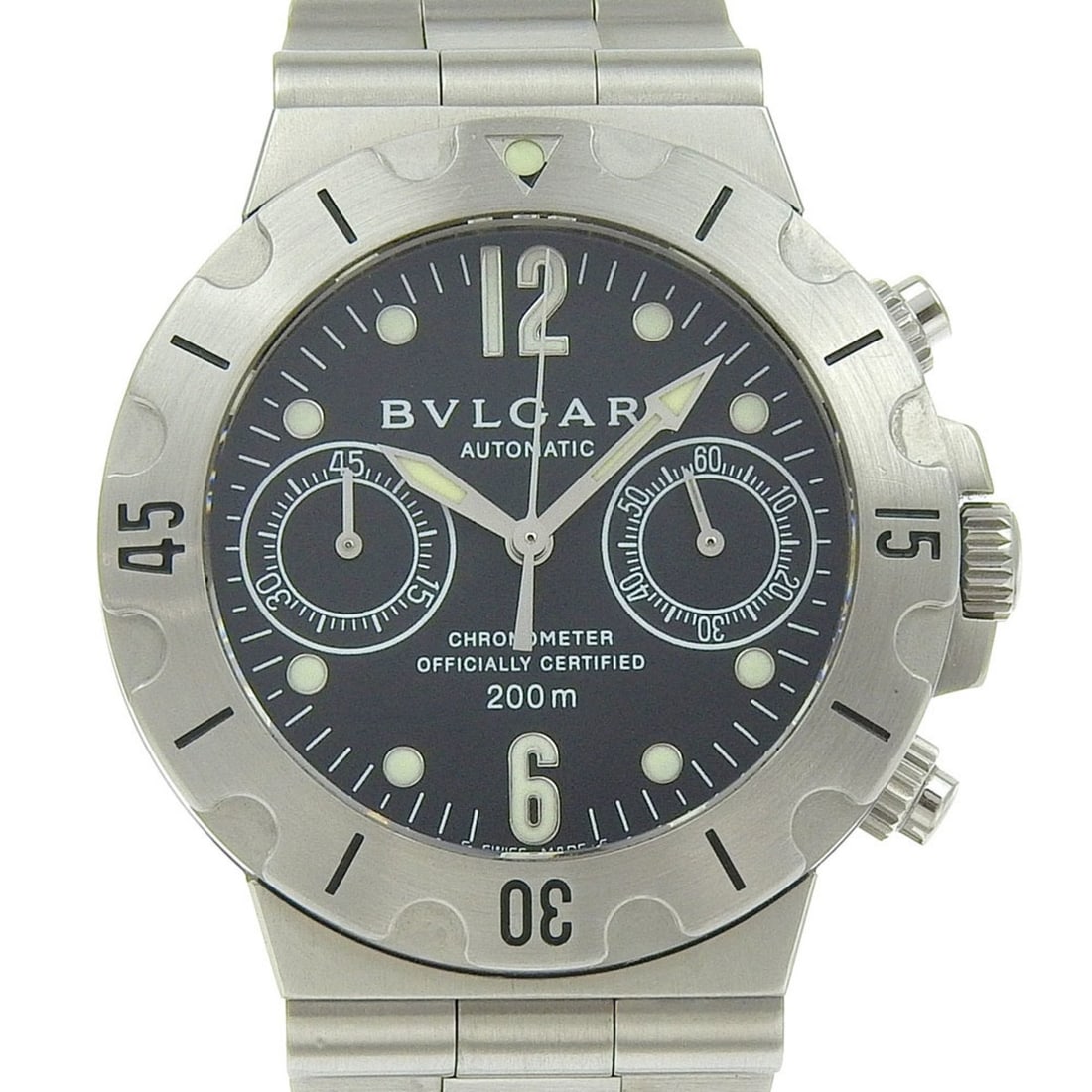 Bvlgari Diagono Scuba SCB38S Stainless Steel Automatic Chronograph Watch with Black Dial for Men: --- Catalog ---Category: SizeWrist Size: 18cm / 7.08''Case Diameter: 46mm / 1.81''Category: DesignType: WristwatchGender: MenDisplay: AnalogColor (Dial): BlackMaterial (Band): Stainless steelMaterial 