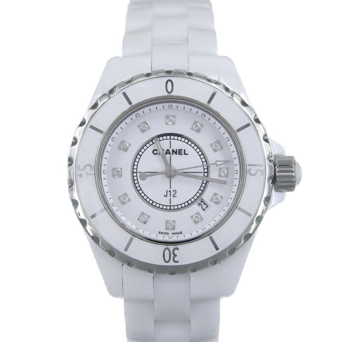 Chanel J12 33mm Ceramic 12P H1628 Quartz Watch: --- Catalog ---Category: SizeWrist Size: 15cm / 5.9''Case Diameter: 33mm / 1.3''Category: DesignType: WristwatchGemstone: DiamondColor (Dial): WhiteMaterial (Band): CeramicMaterial (Case): CeramicCate