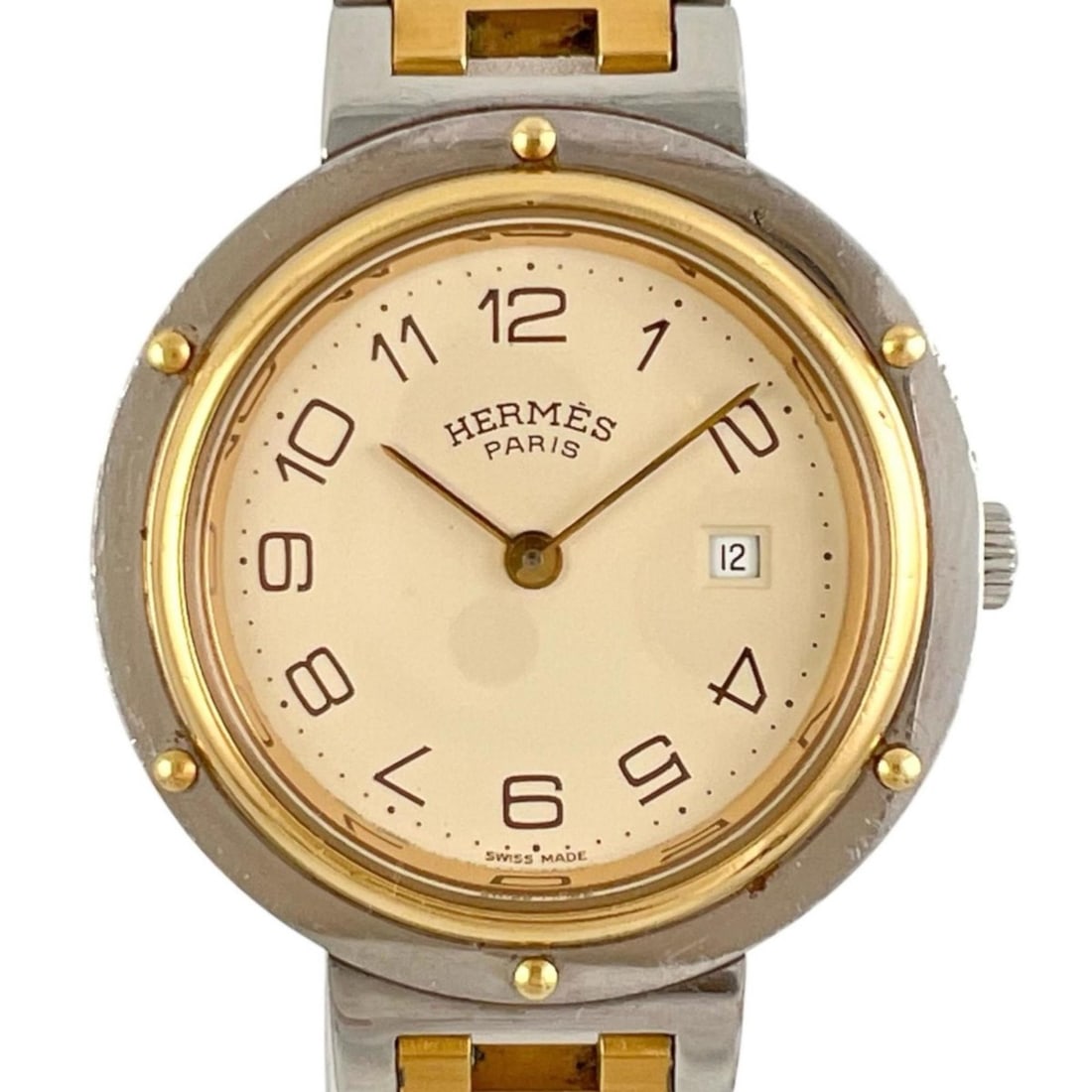 Hermès Clipper Watch, Stainless Steel, Quartz Movement, Analog Display, Ivory Dial, Unisex: --- Catalog ---Category: SizeWrist Size: 17cm / 6.69''Case Diameter: 38mm / 1.5''Category: DesignType: WristwatchGender: Men,WomenDisplay: AnalogColor (Dial): IvoryMaterial (Band): Stainless steelMate
