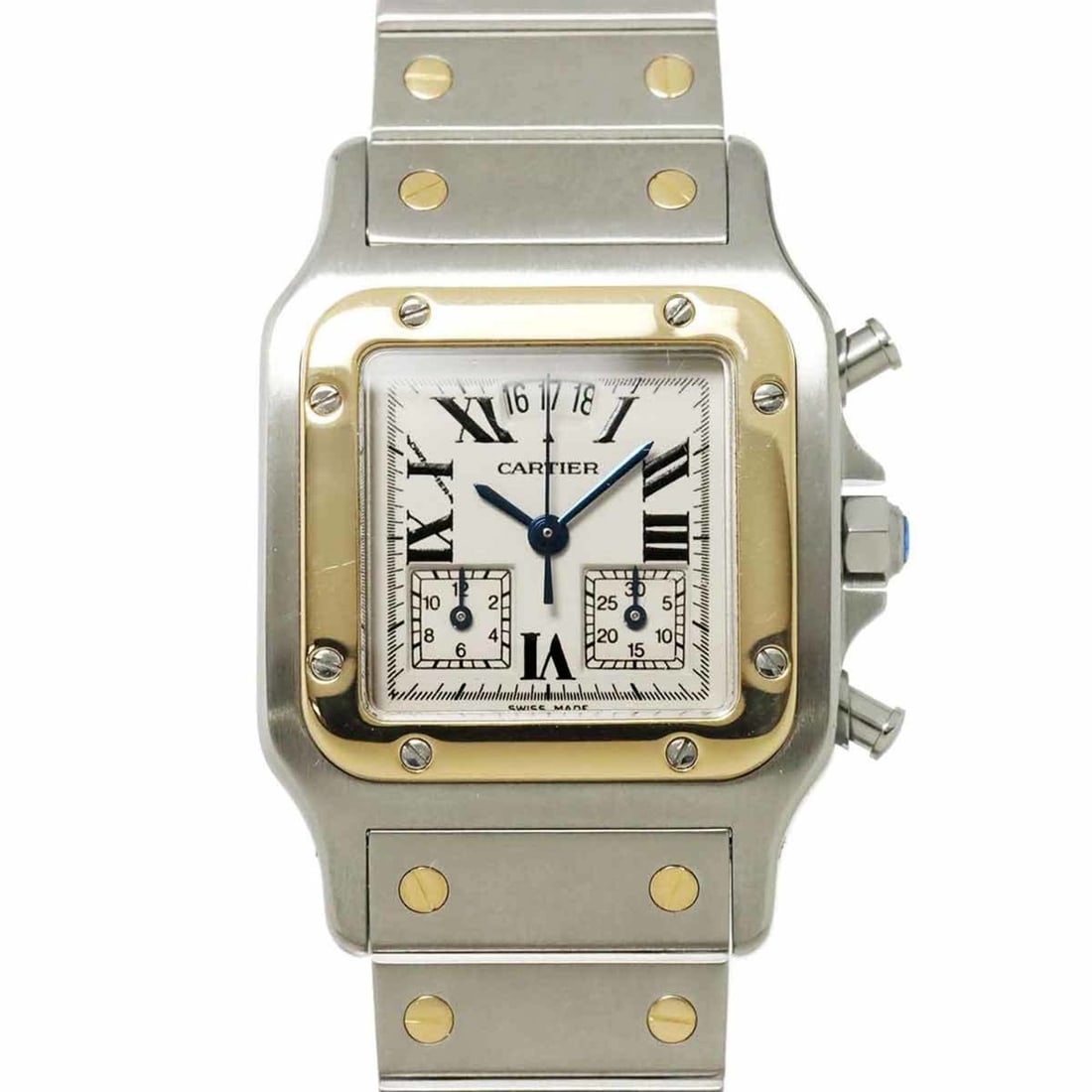 Cartier Santos Galbe LM Chrono Reflex Perpetual Calendar Two-Tone Men's Watch W20042C4, Date: --- Catalog ---Category: SizeWrist Size: 18.5cm / 7.28''Case Diameter: 29mm / 1.14''Category: DesignType: WristwatchGender: MenColor (Dial): IvoryMaterial (Band): Stainless steel, Yellow goldMaterial 