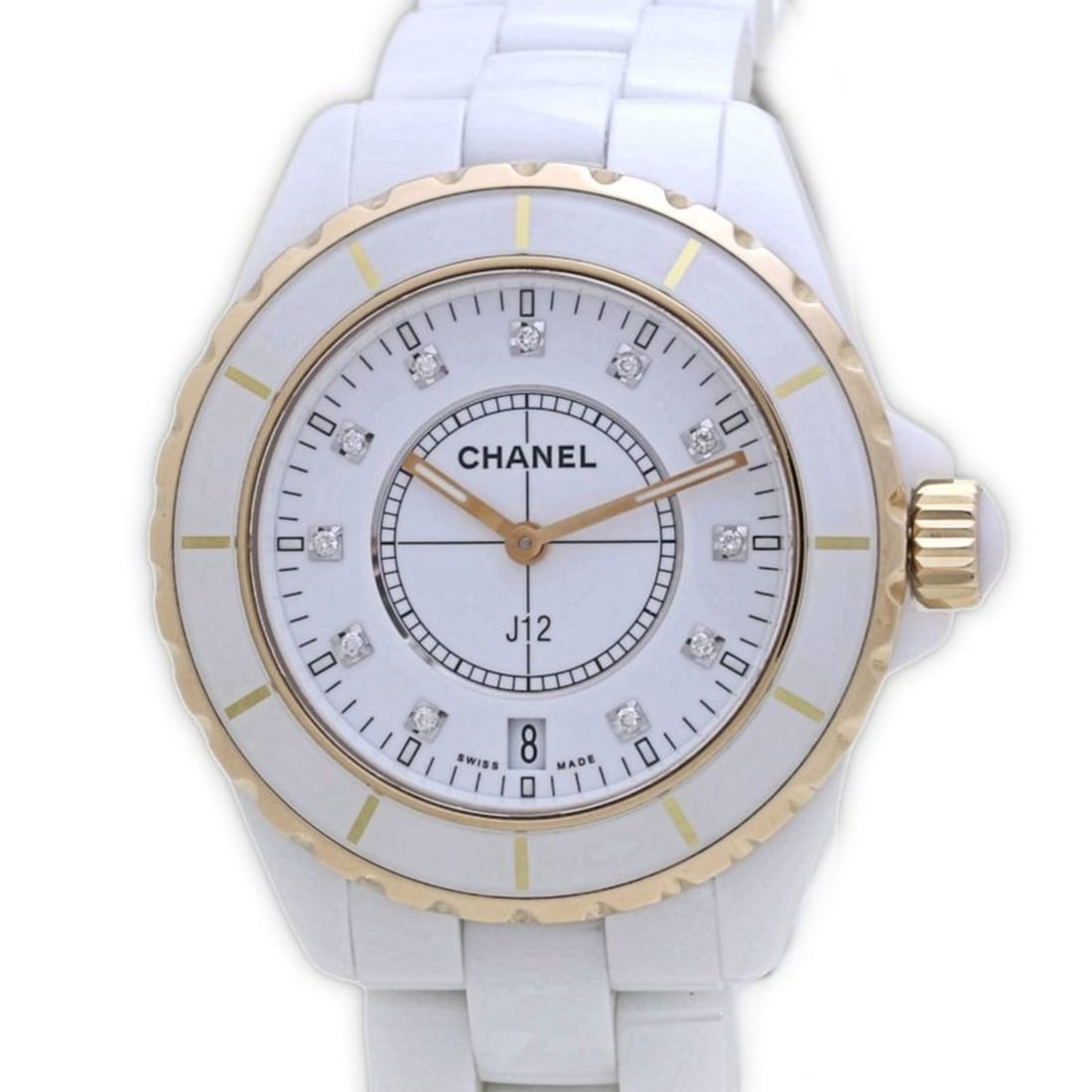 CHANEL J12 White Ceramic Watch with 11 Diamonds and a PG Bezel (H2180) - Men's Watch, 18K Gold: --- Catalog ---Category: SizeWrist Size: 19.5cm / 7.67''Case Diameter: 39mm / 1.54''Category: DesignType: WristwatchGender: MenColor (Dial): WhiteMaterial (Band): Ceramic, Pink gold (18K)Material (Cas