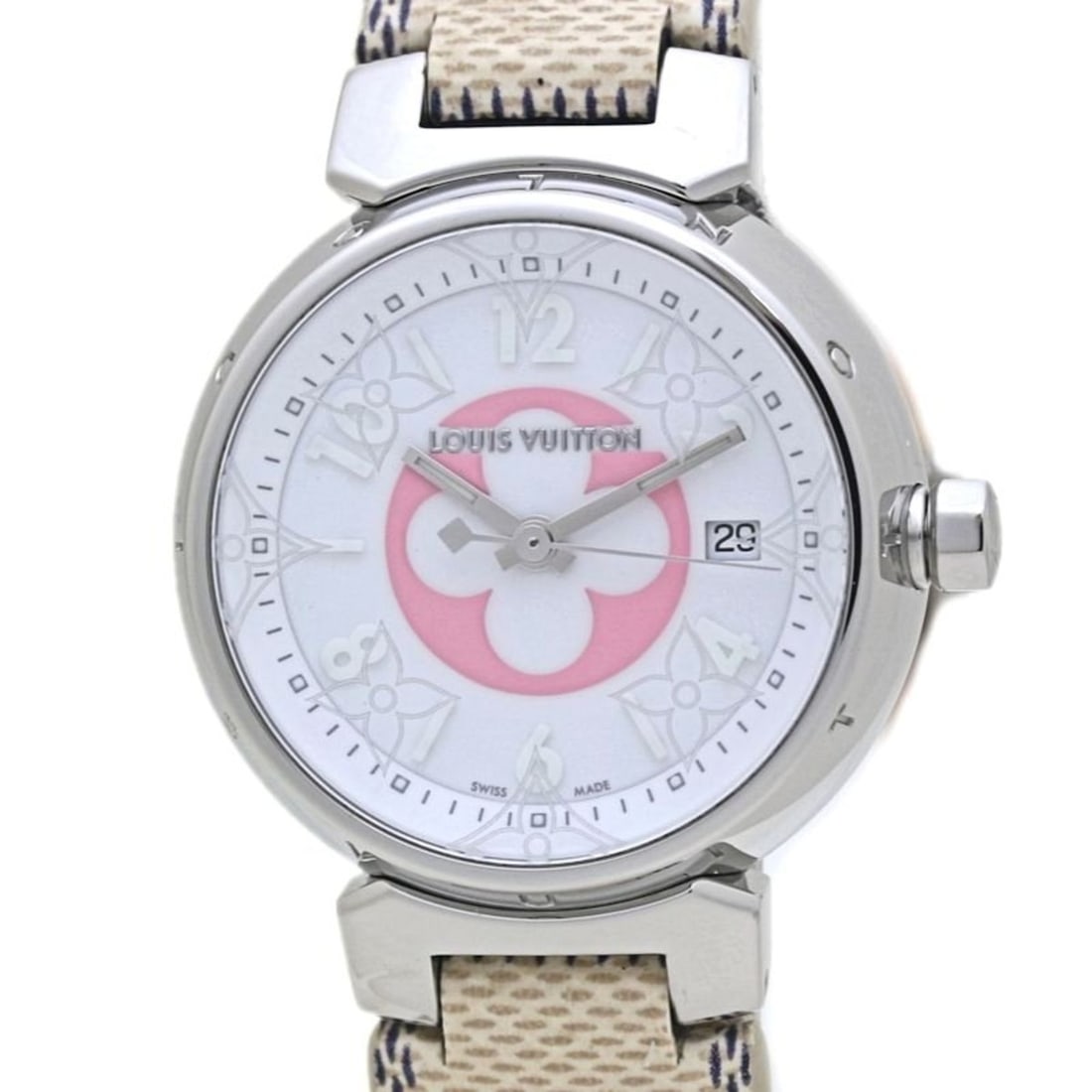 LOUIS VUITTON Tambour PM Azur 28mm QA007Z Japan Exclusive Women's Watch 40162: --- Catalog ---Category: SizeWrist Size: 18cm / 7.08''Case Diameter: 28mm / 1.1''Category: DesignType: WristwatchGender: WomenColor (Dial): WhiteMaterial (Band): CanvasMaterial (Case): Stainless steel