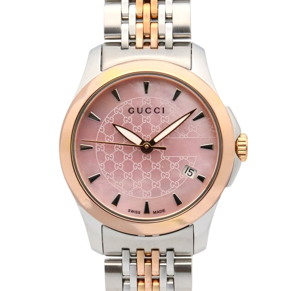 Gucci G-Timeless Watch, GP (Gold Plated), Stainless Steel, Women's, Pink, Pink Shell, 126.5mm: --- Catalog ---Category: SizeWrist Size: 17cm / 6.69''Case Diameter: 27mm / 1.06''Category: DesignType: WristwatchGender: WomenDisplay: AnalogColor (Dial): Pink shellMaterial (Band): Gold plated, Stai