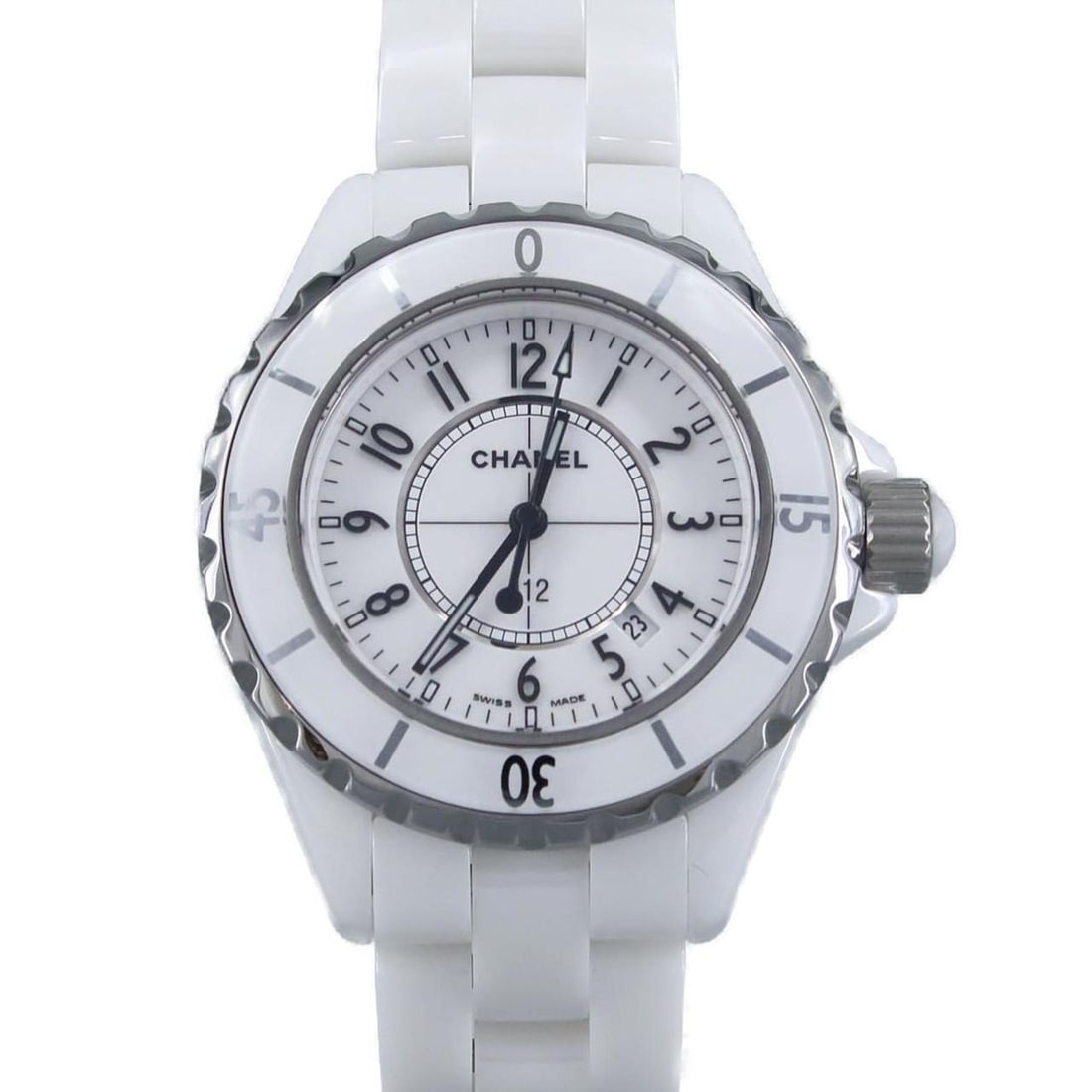 Chanel J12 33mm Ceramic Watch H0968 Quartz Movement: --- Catalog ---Category: SizeWrist Size: 18cm / 7.08''Case Diameter: 33mm / 1.3''Category: DesignType: WristwatchGender: WomenDisplay: AnalogColor (Dial): WhiteMaterial (Band): CeramicMaterial (Case):