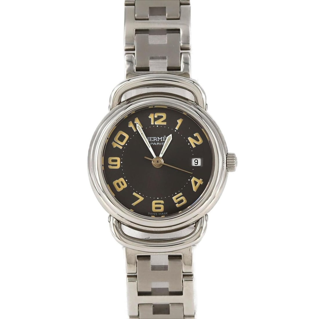 Hermès Pullman PU2.210 Stainless Steel Quartz Watch: --- Catalog ---Category: SizeWrist Size: 16.5cm / 6.49''Case Diameter: 25mm / 0.98''Category: DesignType: WristwatchGender: WomenColor (Dial): GrayMaterial (Band): Stainless steelMaterial (Case): Stai