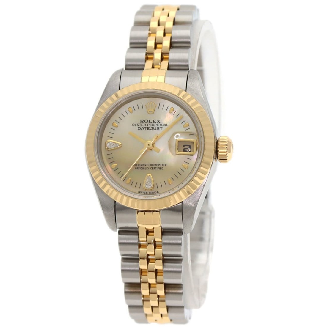 Rolex 79173N2BR Datejust Yellow Shell with Two Diamonds, Stainless Steel Watch, 18K Gold, Women's: --- Catalog ---Category: SizeWrist Size: 15cm / 5.9''Case Diameter: 32.2mm / 1.27''Category: DesignType: WristwatchGender: WomenDisplay: AnalogGemstone: DiamondColor (Dial): YellowMaterial (Band): Sta