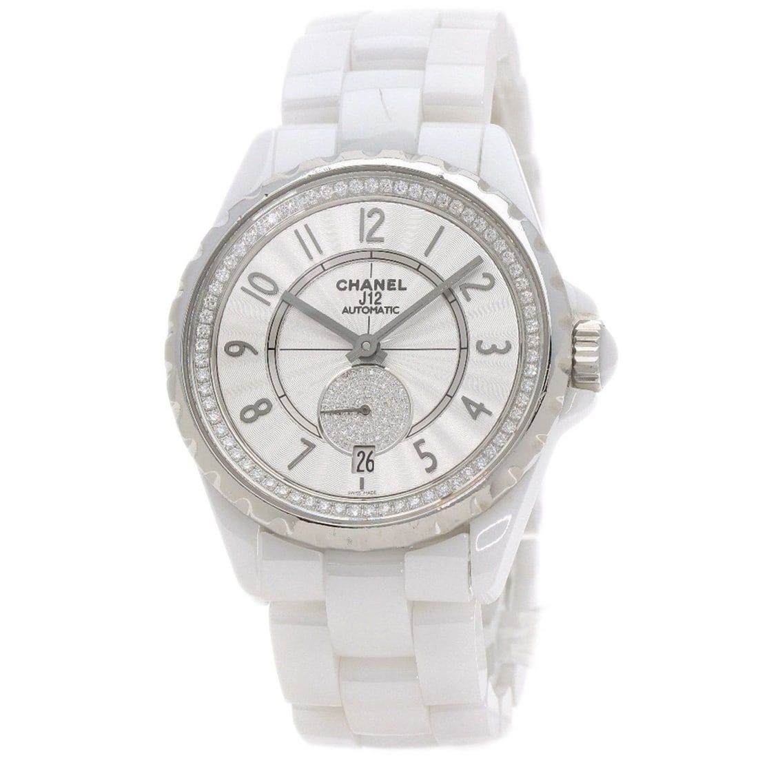 Chanel H3841 J12-365 Diamond White Ceramic Watch for Boys: --- Catalog ---Category: SizeWrist Size: 15.5cm / 6.1''Case Diameter: 44.1mm / 1.74''Category: DesignType: WristwatchGender: MenDisplay: AnalogGemstone: DiamondColor (Dial): SilverMaterial (Band): Cer
