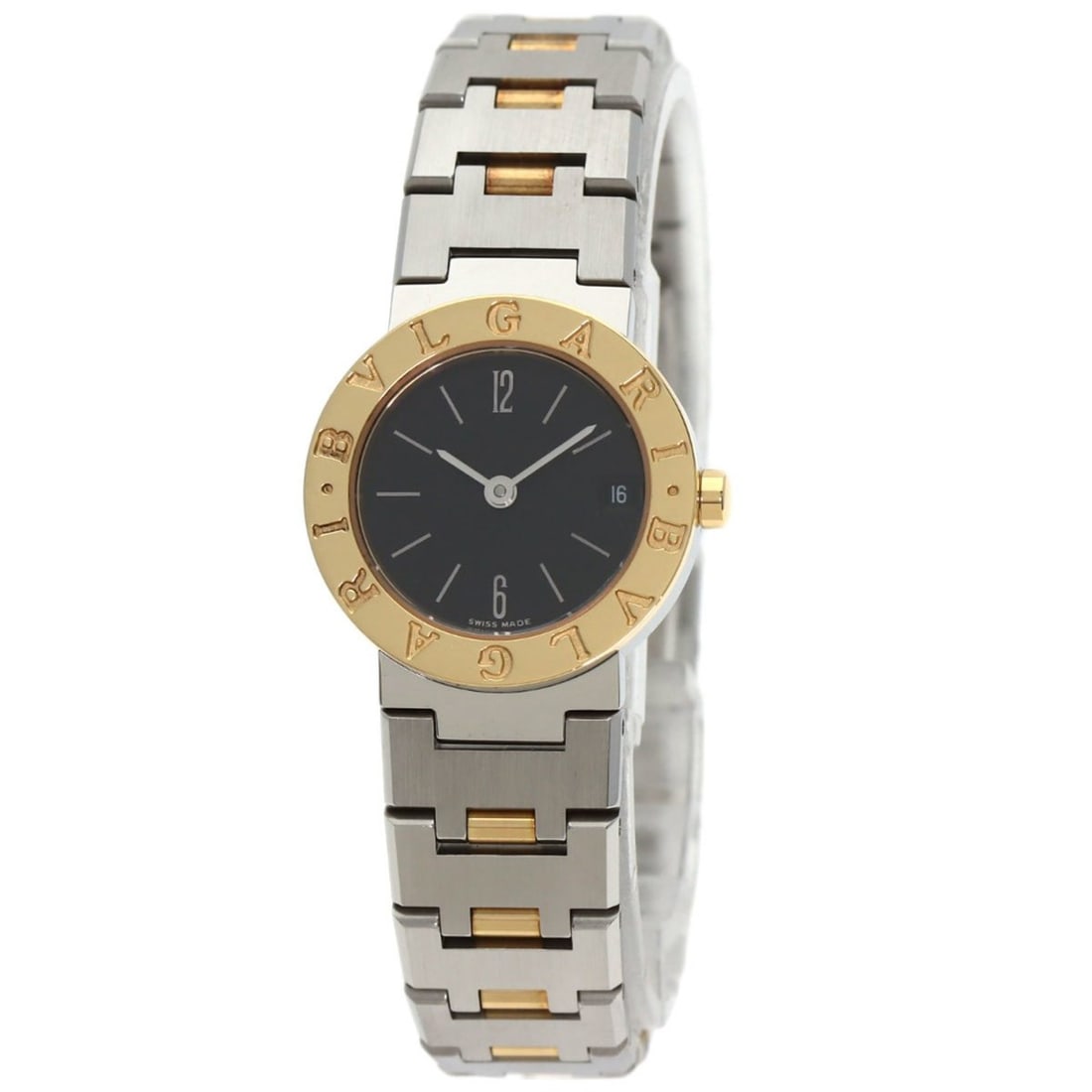 Bvlgari BB23SGD Watch Stainless Steel SS 18KYG Women's: --- Catalog ---Category: SizeWrist Size: 15.5cm / 6.1''Case Diameter: 23mm / 0.91''Case Thickness: 6mm / 0.24''Category: DesignType: WristwatchGender: WomenDisplay: AnalogColor (Dial): BlackMaterial (