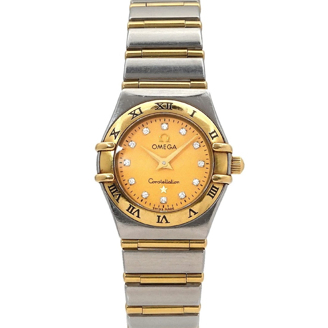 OMEGA Constellation Mini Two-Tone 1262 15 Women's Watch with 12 Diamonds, Gold and Yellow Quartz: --- Catalog ---Category: SizeWrist Size: 14.5cm / 5.7''Case Diameter: 23mm / 0.91''Category: DesignType: WristwatchGender: WomenColor (Dial): GoldMaterial (Band): Stainless steel, Yellow goldMaterial 